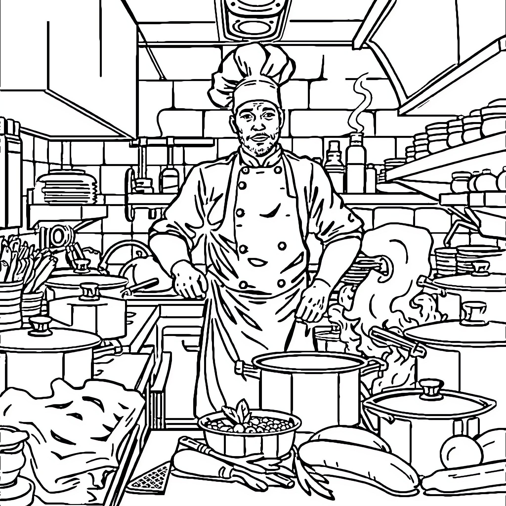 Chef working diligently in a bustling kitchen Coloring Page (free black-and-white line drawing printable PDF for all, from beginners to advanced learners, including children, teens, adults, and seniors)