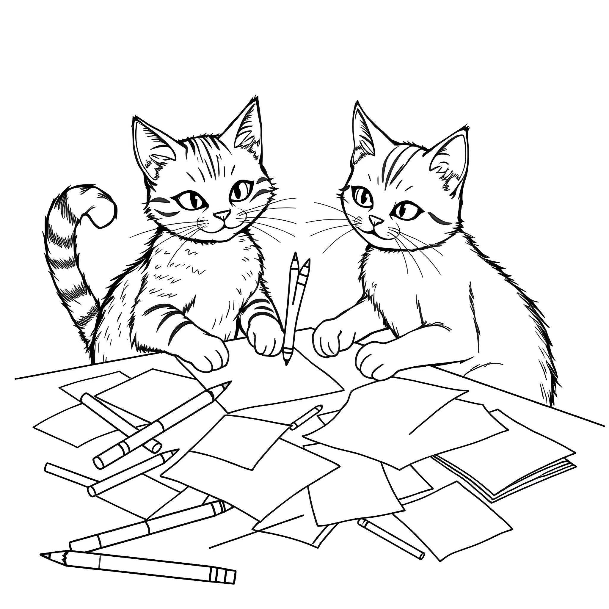 Cats drawing in the art studio Coloring Page (free black-and-white line drawing printable PDF for all, from beginners to advanced learners, including children, teens, adults, and seniors)