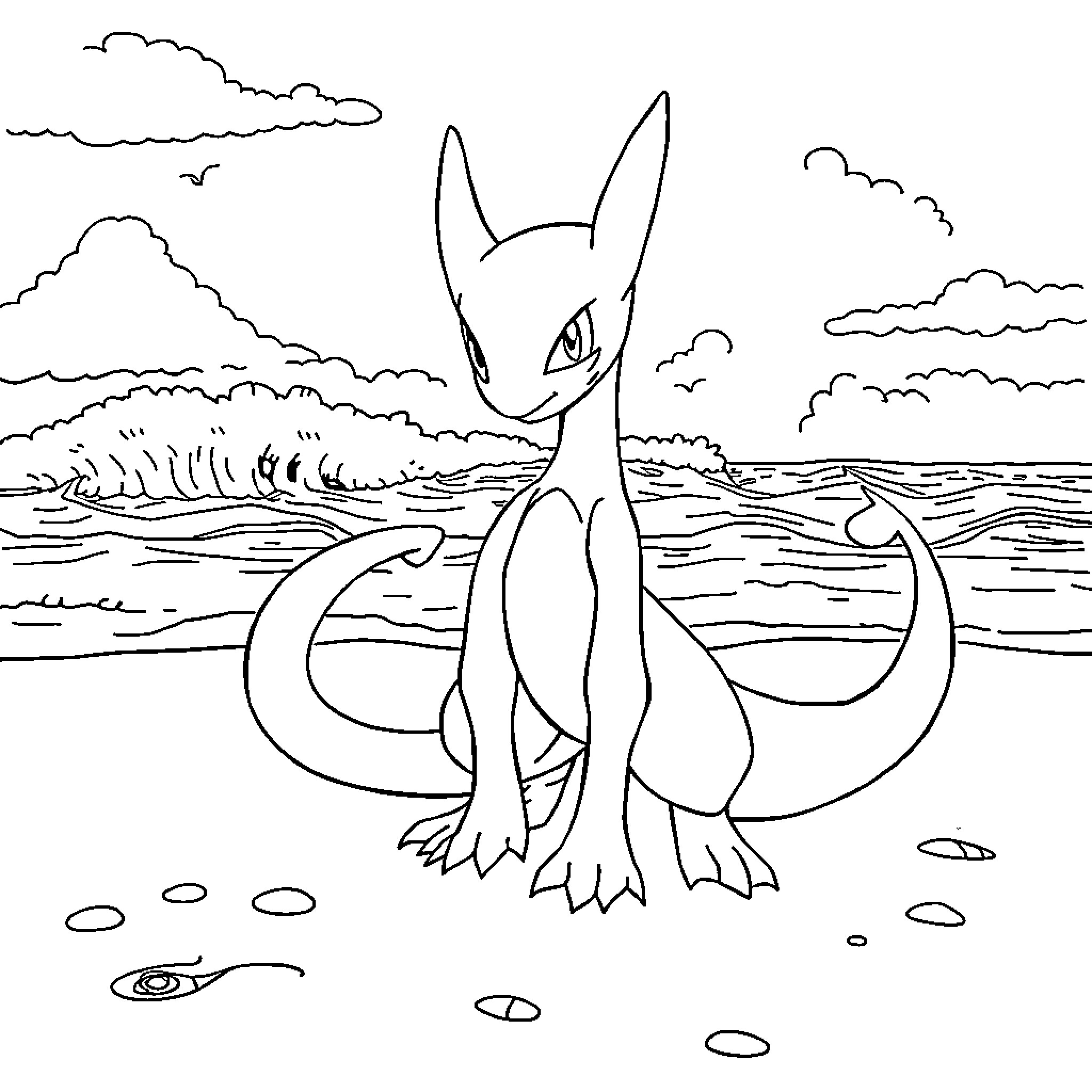 Mewtwo standing tall on the shore Coloring Page (free black-and-white line drawing printable PDF for all, from beginners to advanced learners, including children, teens, adults, and seniors)