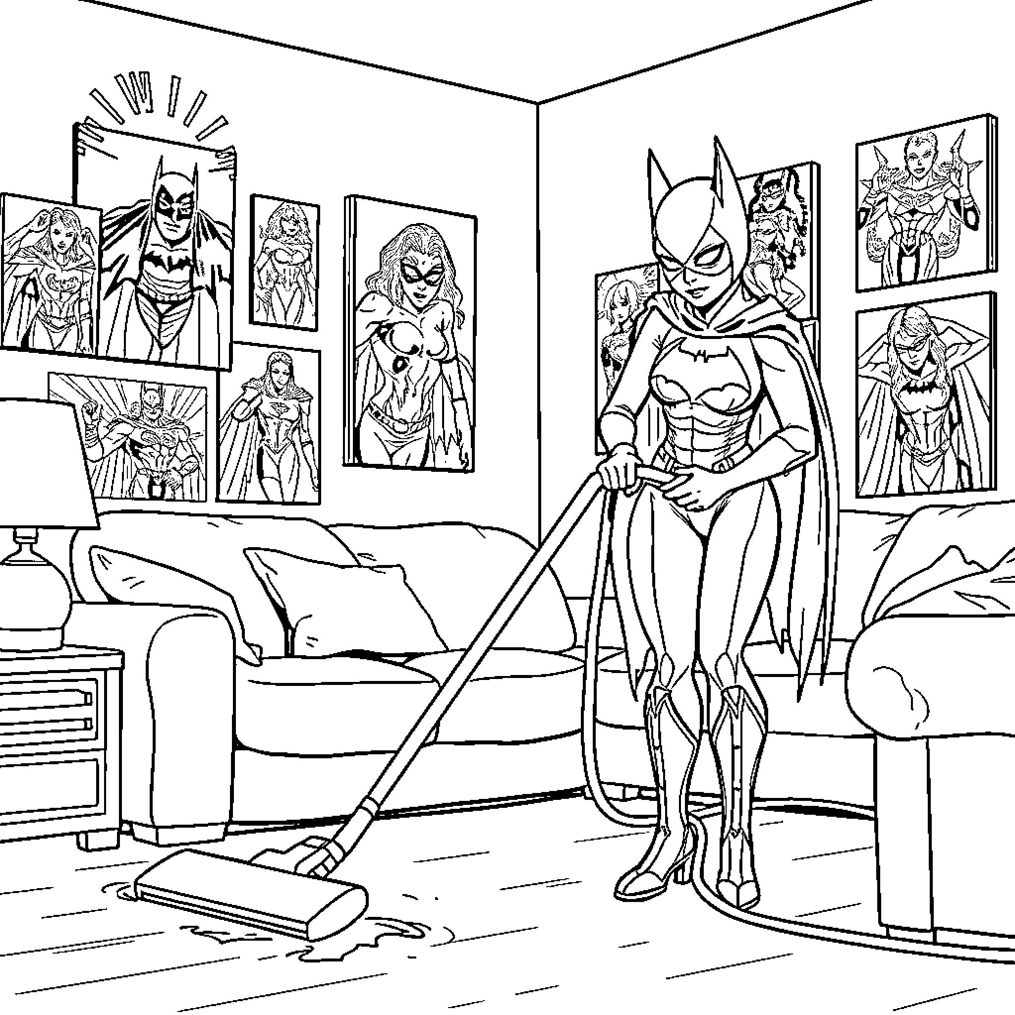 Batgirl cleaning up her superhero headquarters Coloring Page (free black-and-white line drawing printable PDF for all, from beginners to advanced learners, including children, teens, adults, and seniors)