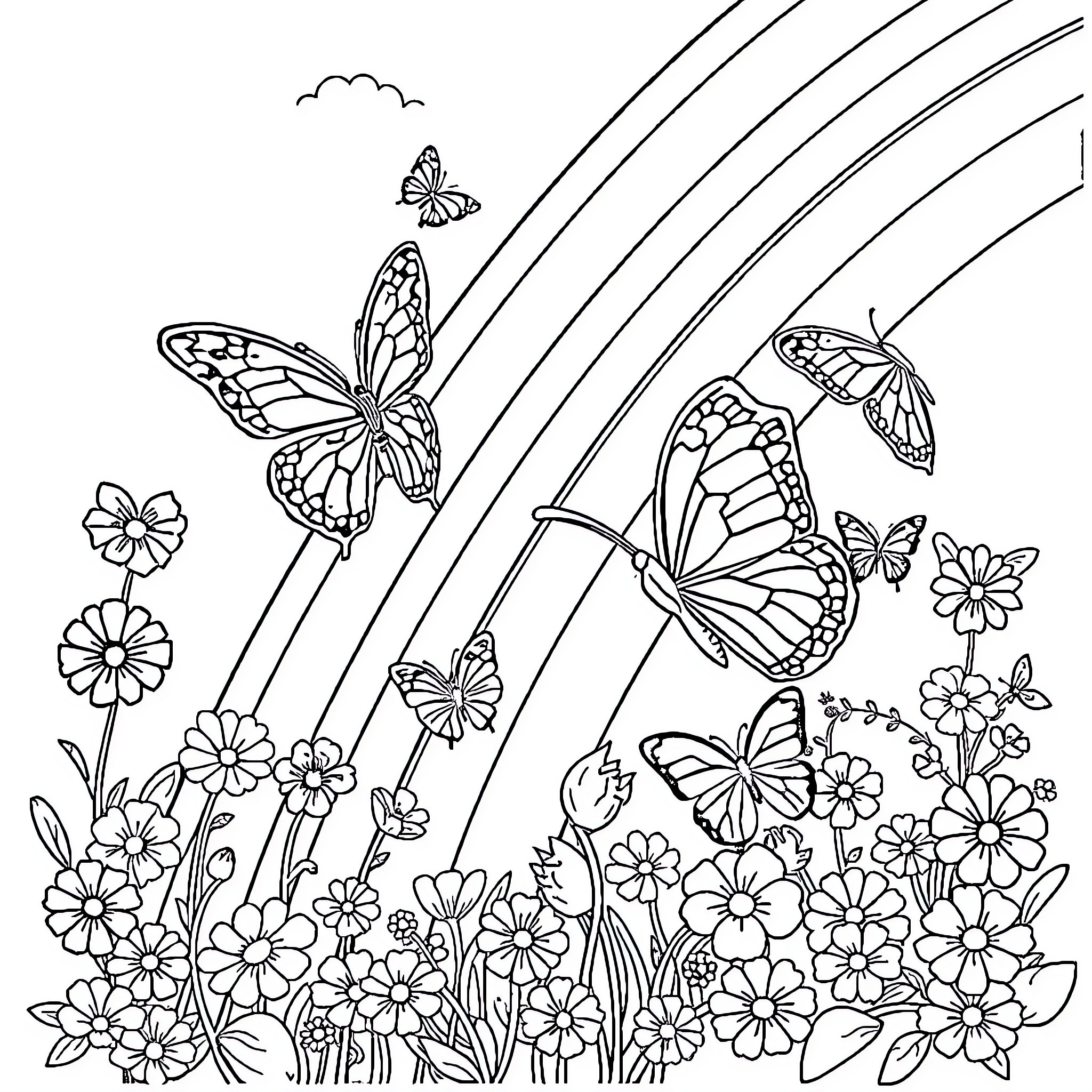 Butterfly Meadow with Vibrant Flowers and Fluttering Butterflies Coloring Page (free black-and-white line drawing printable PDF for all, from beginners to advanced learners, including children, teens, adults, and seniors)