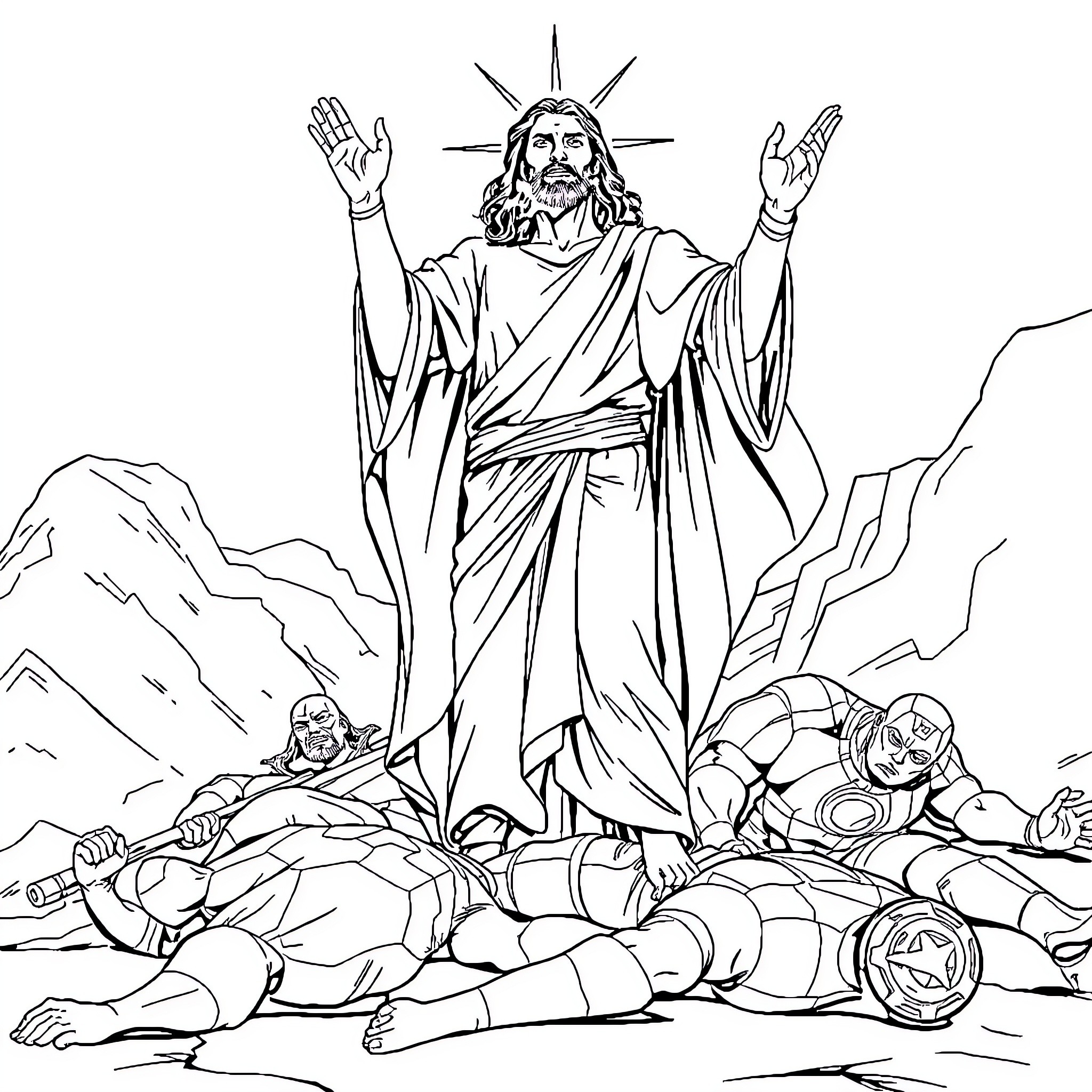 Jesus Ascending Over Fallen Figures Coloring Page (free black-and-white line drawing printable PDF for all, from beginners to advanced learners, including children, teens, adults, and seniors)