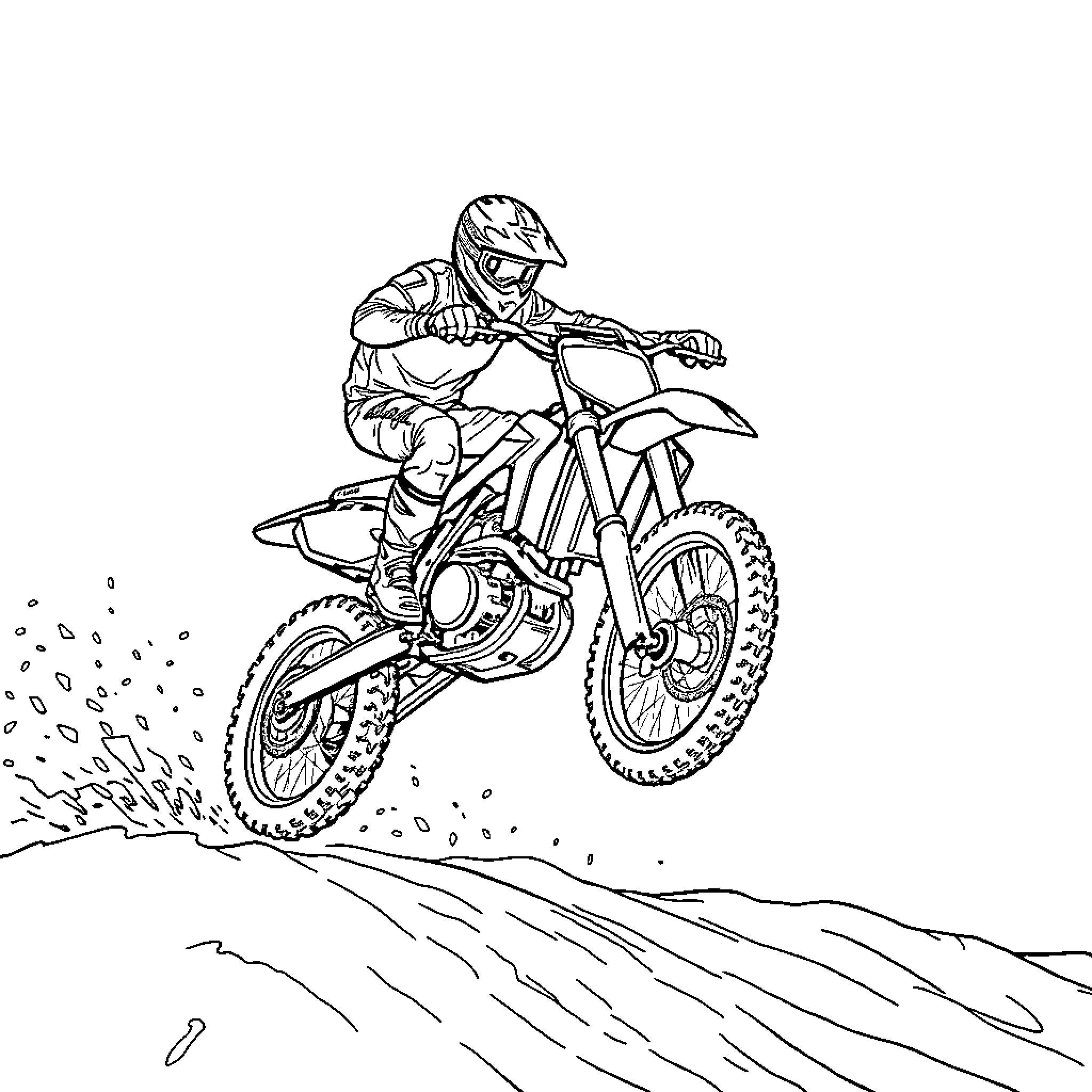 Motocross Rider Soaring Over Terrain Coloring Page (free black-and-white line drawing printable PDF for all, from beginners to advanced learners, including children, teens, adults, and seniors)
