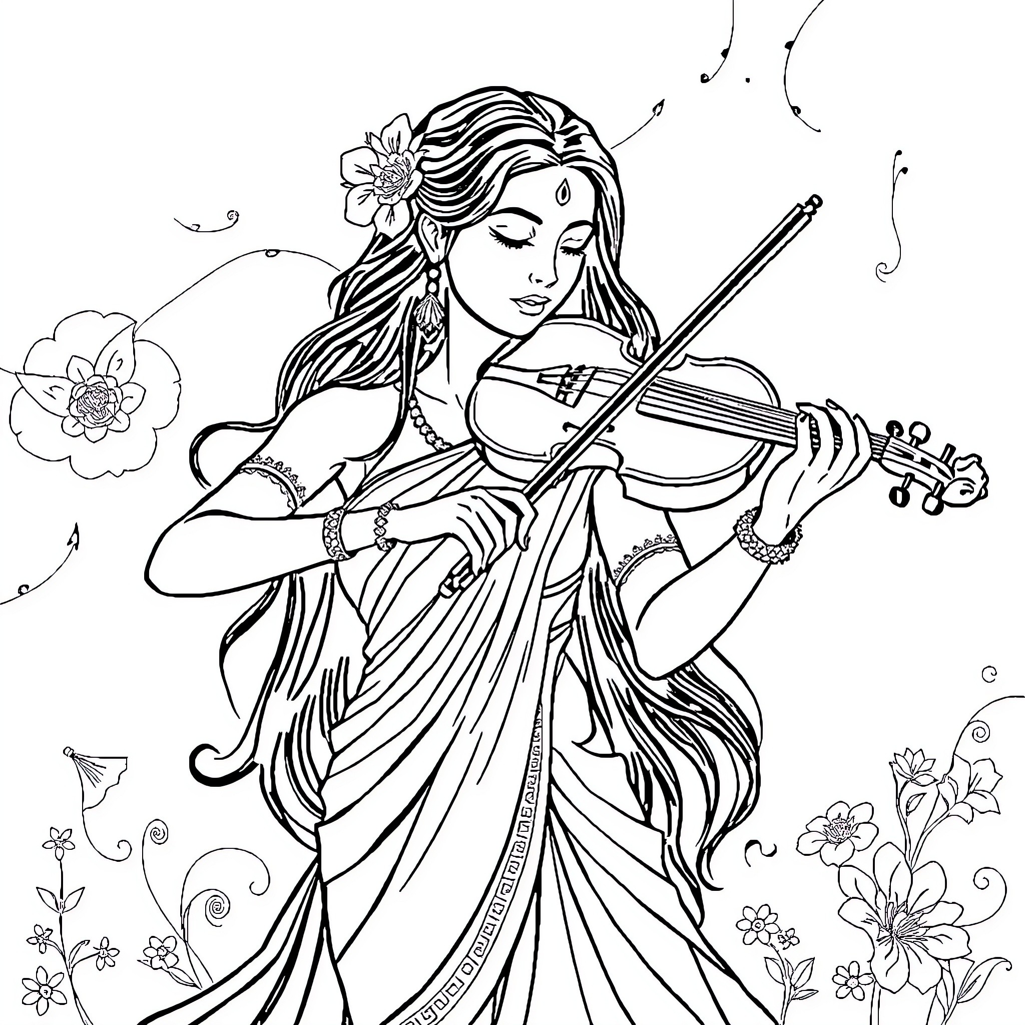 Vayana playing the violin amidst floral motifs Coloring Page (free black-and-white line drawing printable PDF for all, from beginners to advanced learners, including children, teens, adults, and seniors)