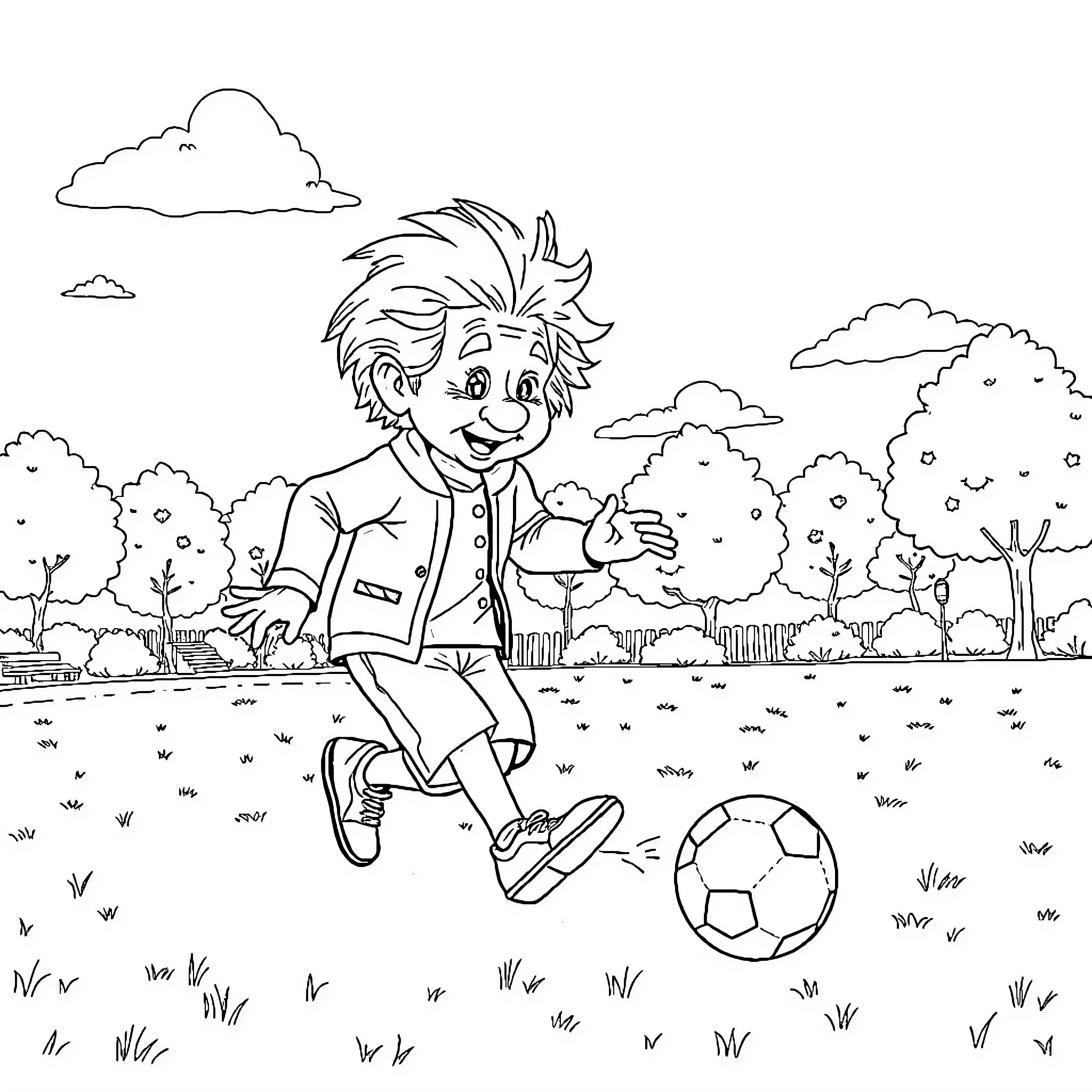 Albert Einstein Playing Soccer in the Park Coloring Page (free black-and-white line drawing printable PDF for all, from beginners to advanced learners, including children, teens, adults, and seniors)