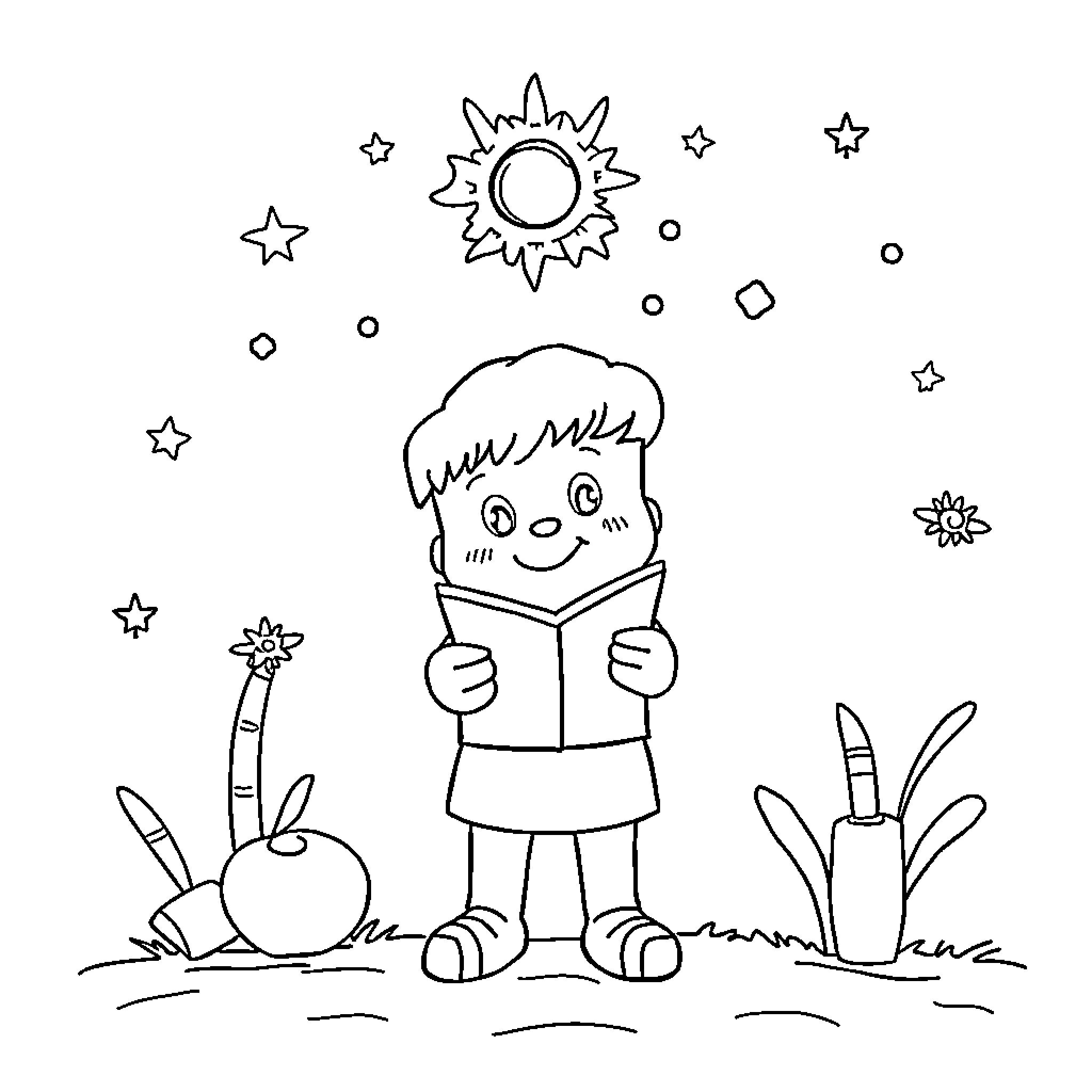Worksheet of Child Reading Book Outdoors Coloring Page (free black-and-white line drawing printable PDF for all, from beginners to advanced learners, including children, teens, adults, and seniors)