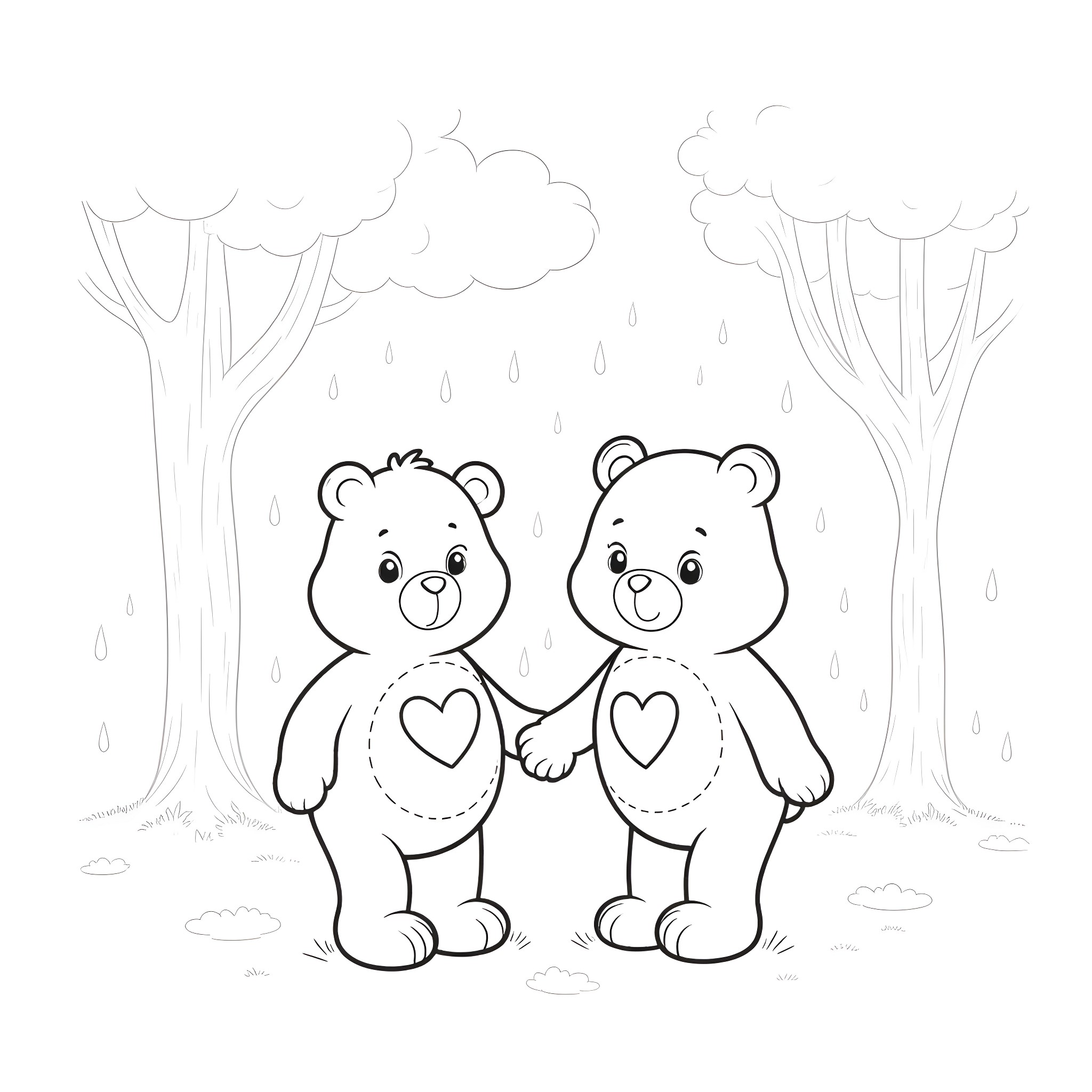 Care Bear friends in a rainy forest Coloring Page (free black-and-white line drawing printable PDF for all, from beginners to advanced learners, including children, teens, adults, and seniors)