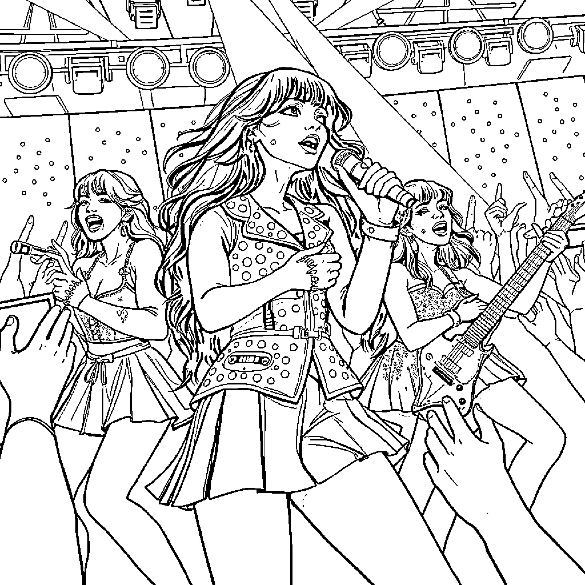 Kpop Warriors Performing on Stage with Energy Coloring Page (free black-and-white line drawing printable PDF for all, from beginners to advanced learners, including children, teens, adults, and seniors)
