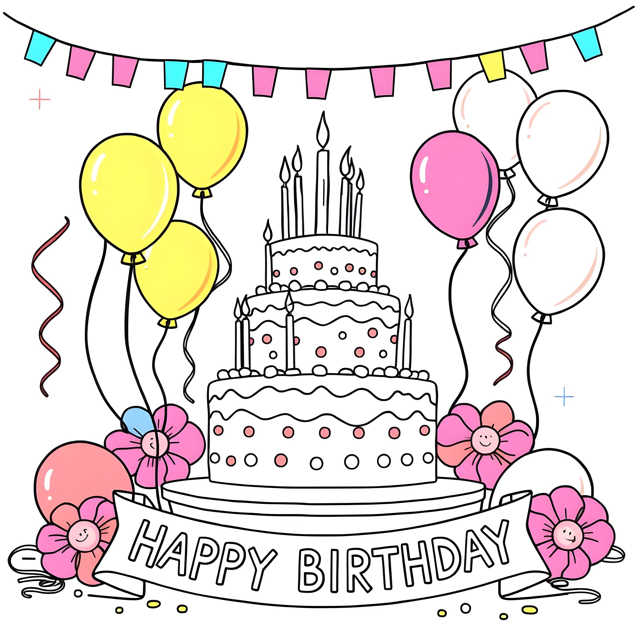 Birthday celebration with cake, balloons, and festive decorations Coloring Page (free black-and-white line drawing printable PDF for all, from beginners to advanced learners, including children, teens, adults, and seniors)