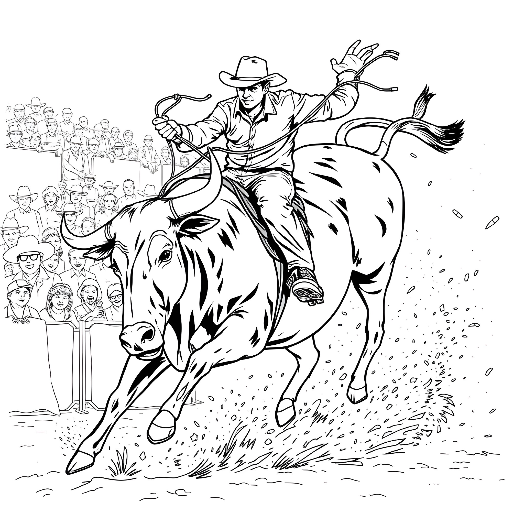 Bull Rider Competing in a Rodeo Event Coloring Page (free black-and-white line drawing printable PDF for all, from beginners to advanced learners, including children, teens, adults, and seniors)