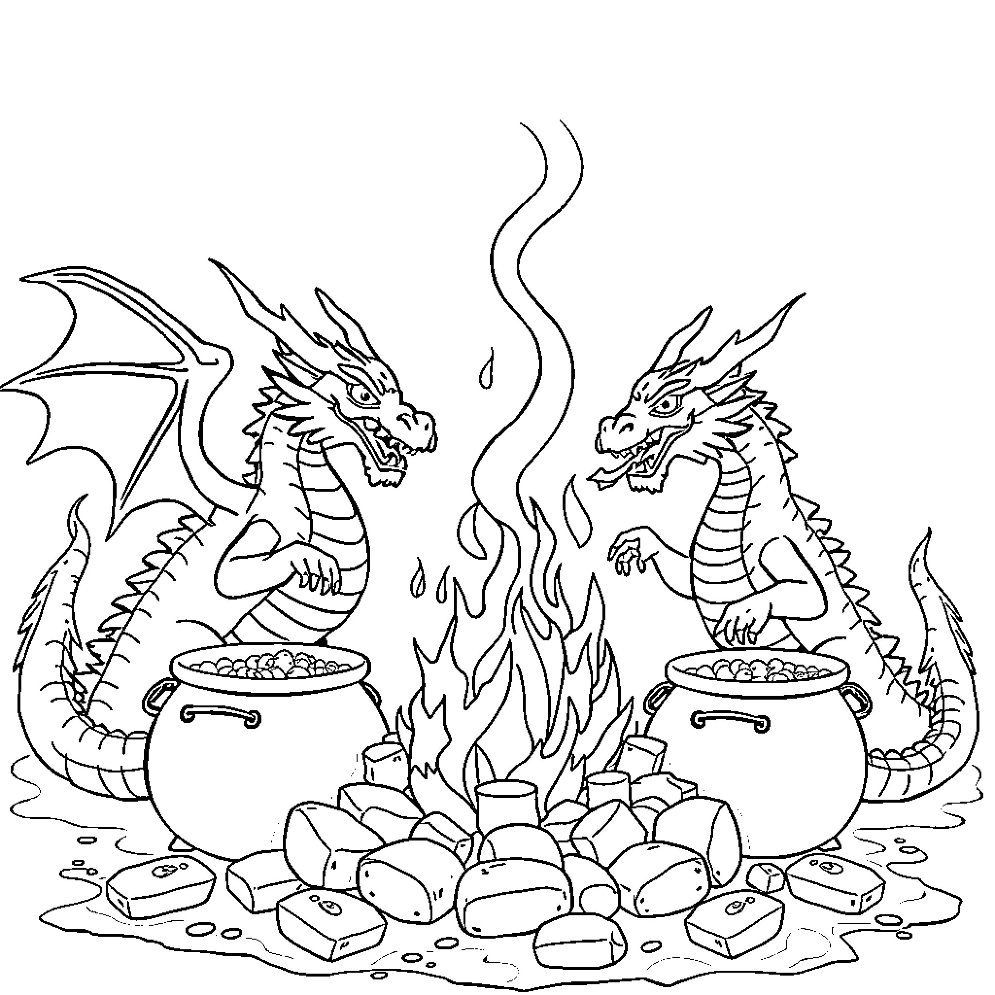 Dragon warriors guarding the treasure pots Coloring Page (free black-and-white line drawing printable PDF for all, from beginners to advanced learners, including children, teens, adults, and seniors)