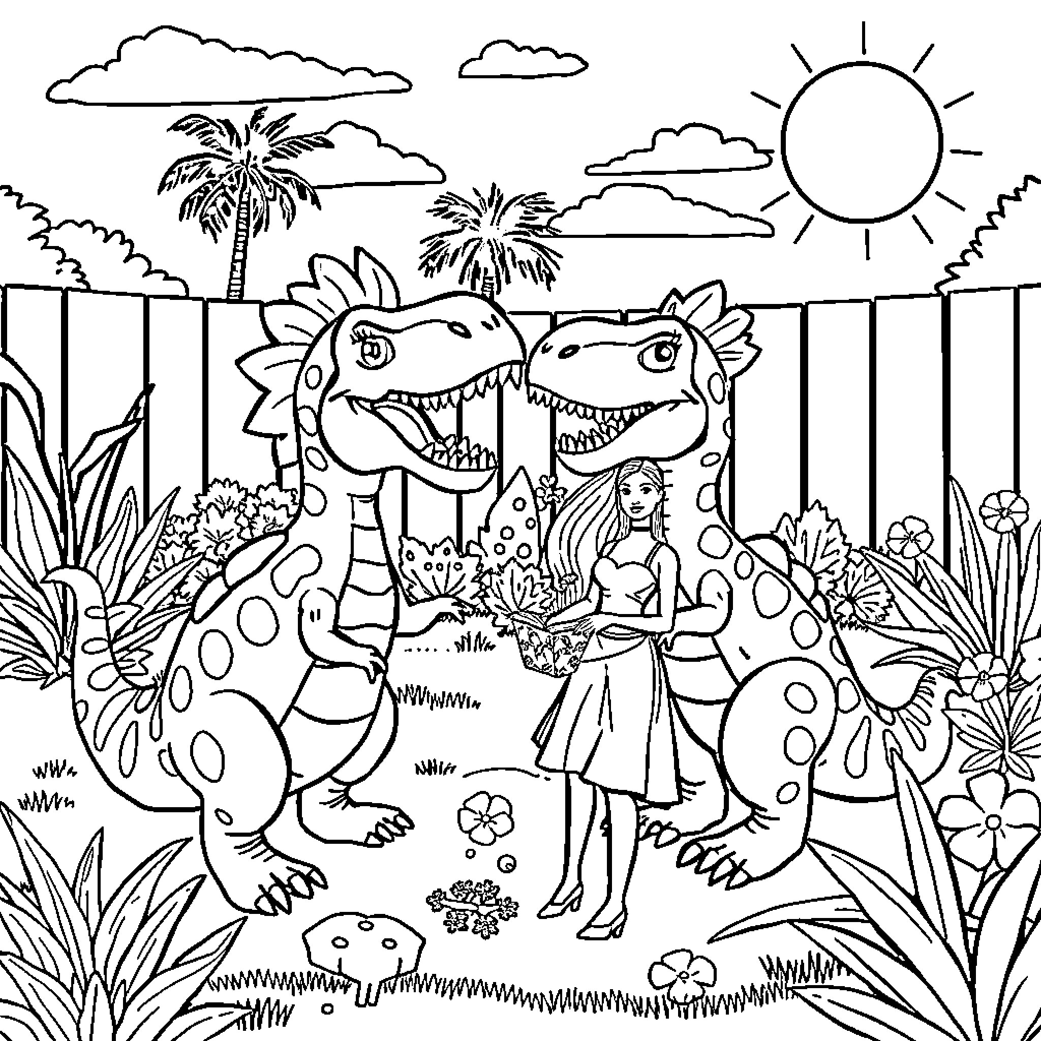 Dinosaurs playing with girl in lush tropical landscape Coloring Page (free black-and-white line drawing printable PDF for all, from beginners to advanced learners, including children, teens, adults, and seniors)