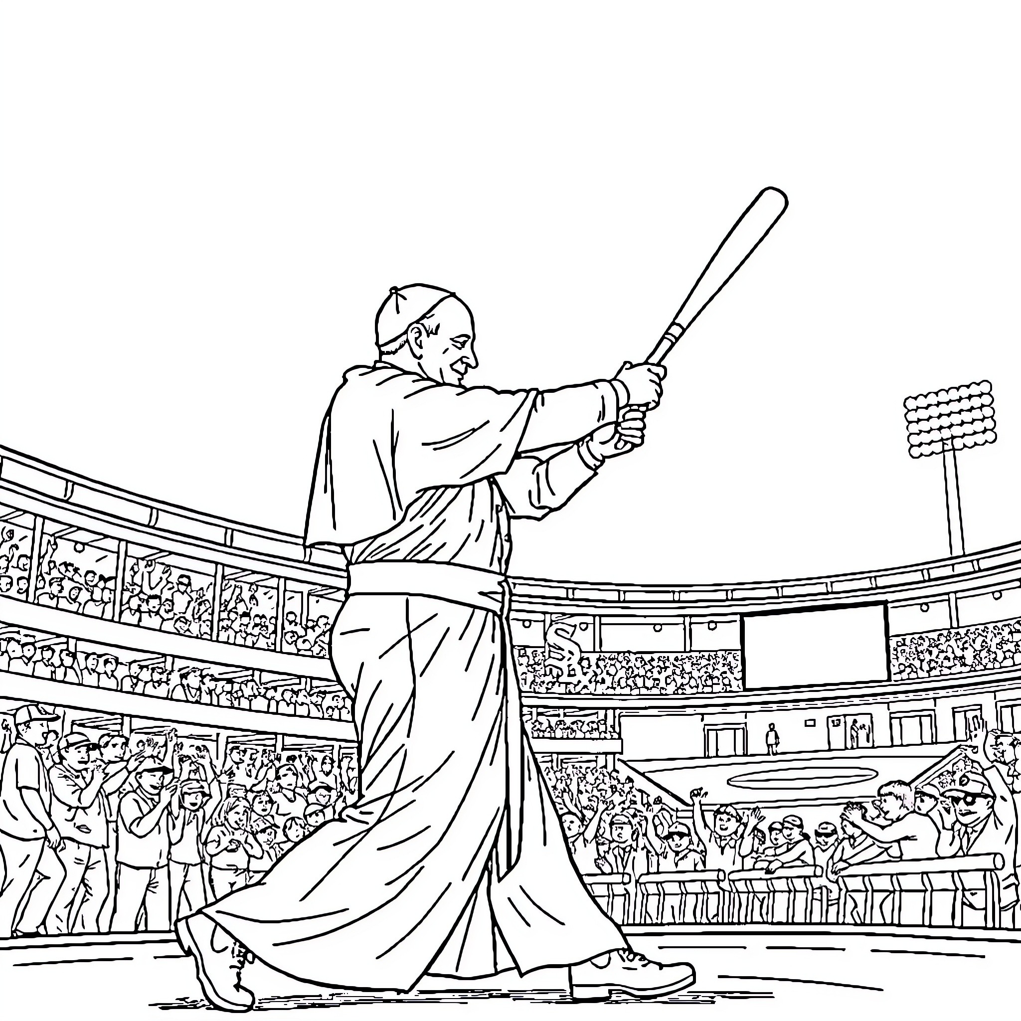 Pope blessing the crowd at a sports stadium Coloring Page (free black-and-white line drawing printable PDF for all, from beginners to advanced learners, including children, teens, adults, and seniors)