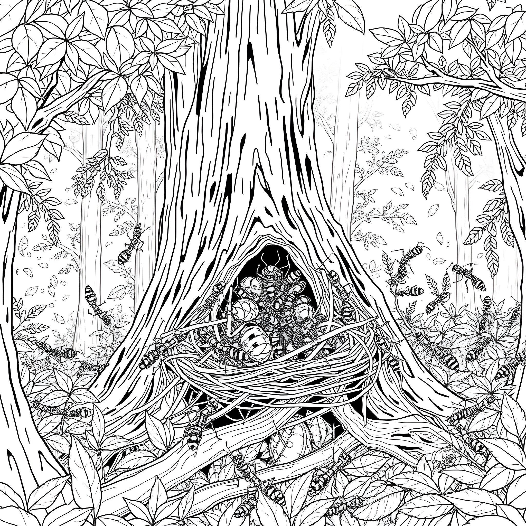 Ant nest in a hollow tree surrounded by lush foliage Coloring Page (free black-and-white line drawing printable PDF for all, from beginners to advanced learners, including children, teens, adults, and seniors)