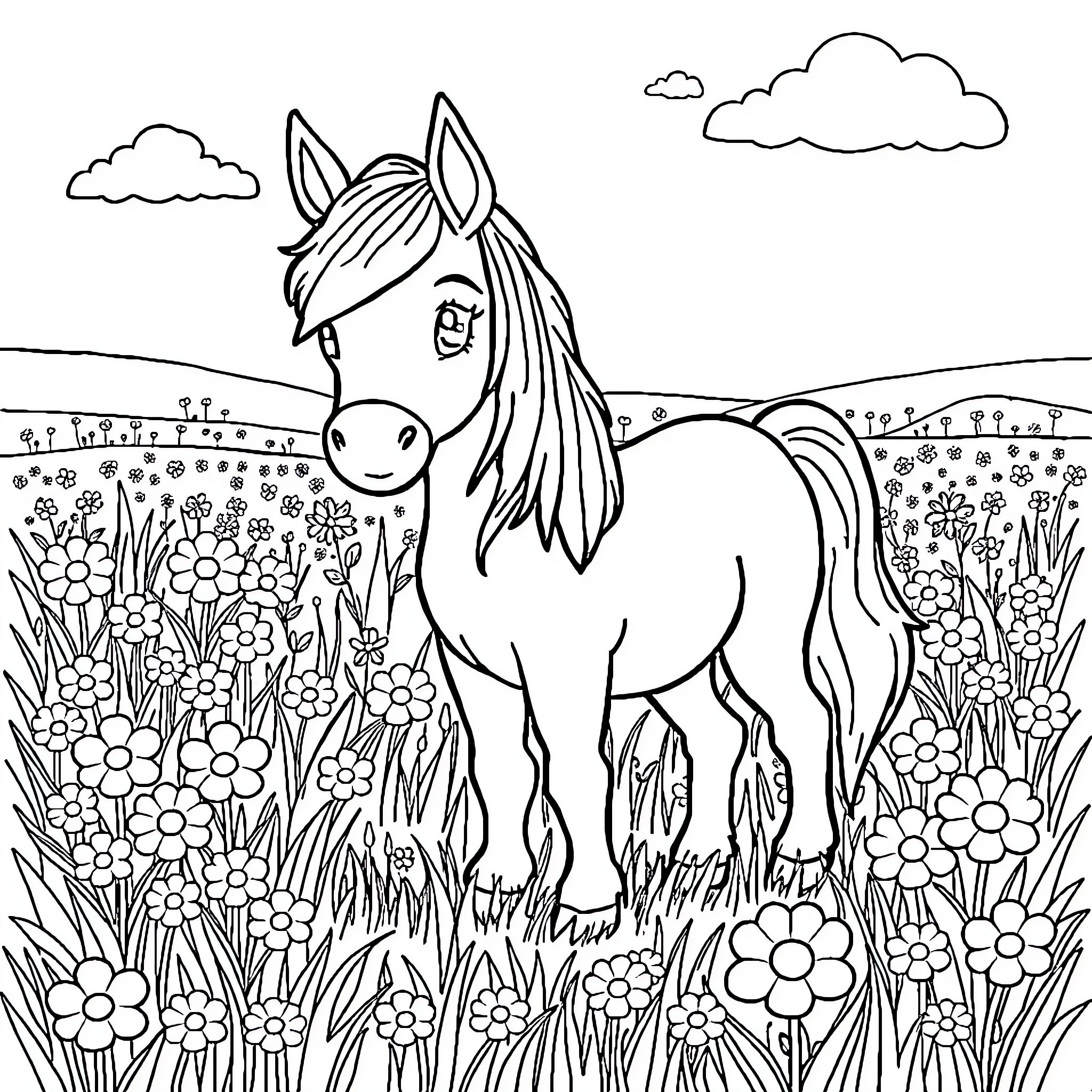Pony standing amidst a field of flowers Coloring Page (free black-and-white line drawing printable PDF for all, from beginners to advanced learners, including children, teens, adults, and seniors)