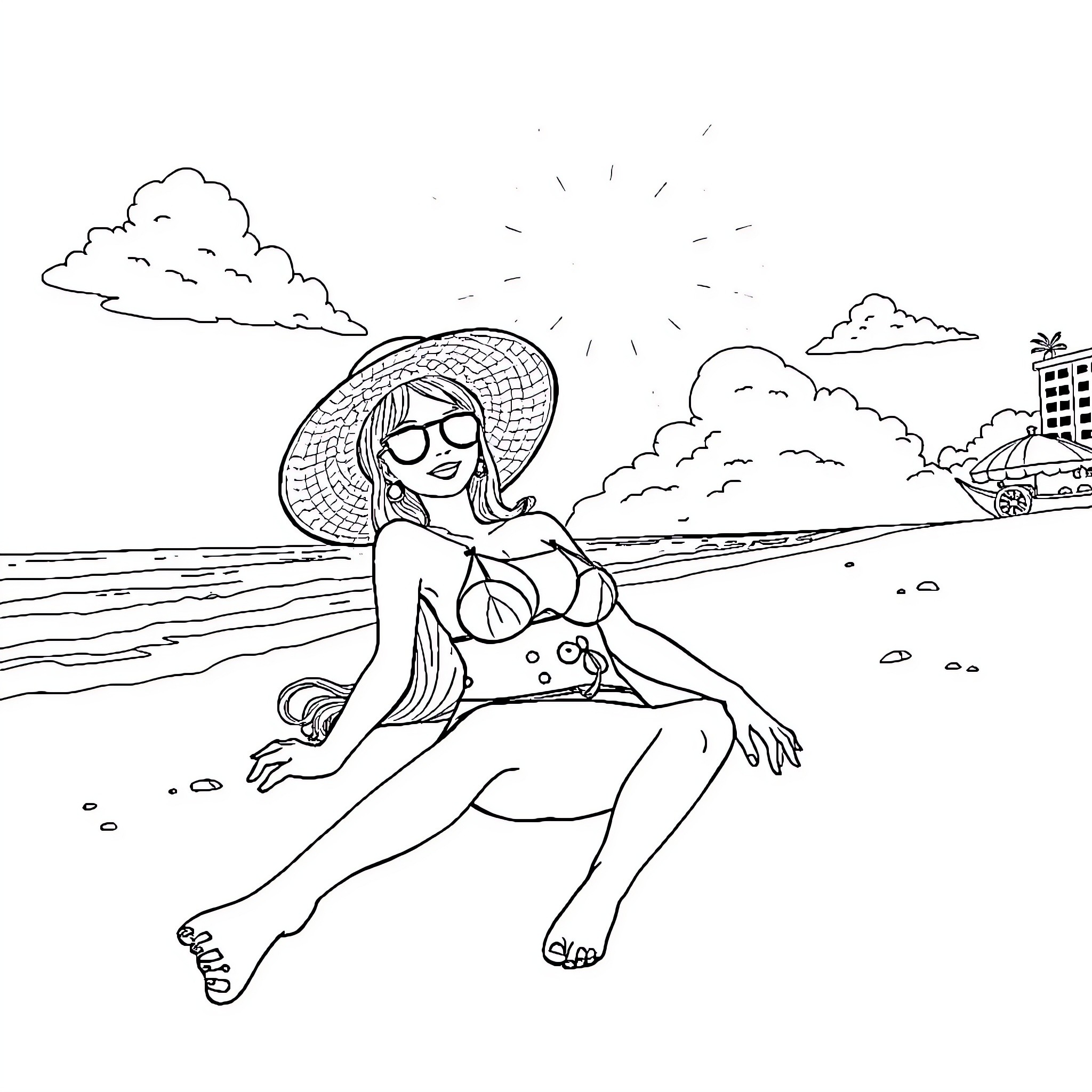 Boa Hancock relaxing on the beach Coloring Page (free black-and-white line drawing printable PDF for all, from beginners to advanced learners, including children, teens, adults, and seniors)