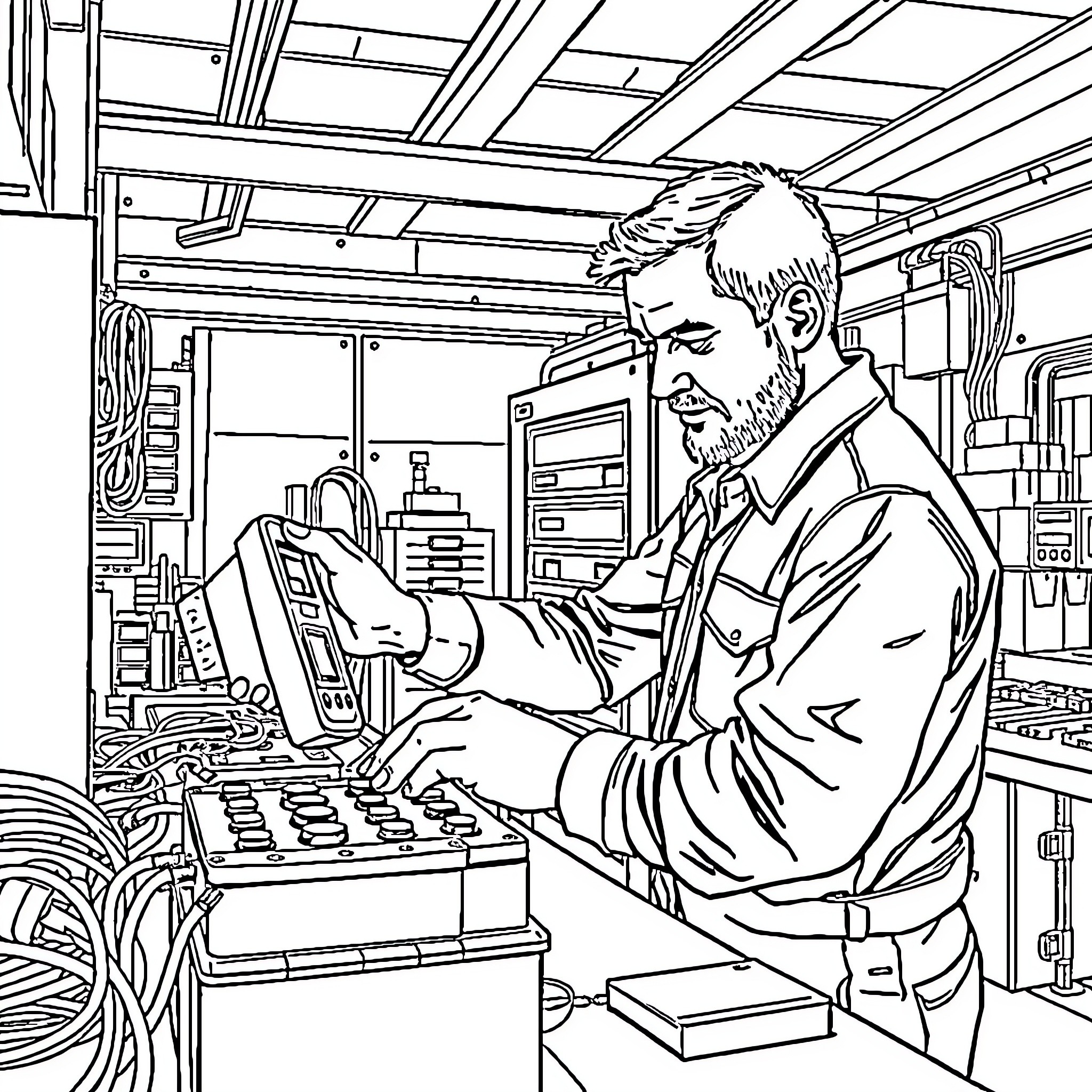 Repair Guy Working Diligently in Workshop Coloring Page (free black-and-white line drawing printable PDF for all, from beginners to advanced learners, including children, teens, adults, and seniors)