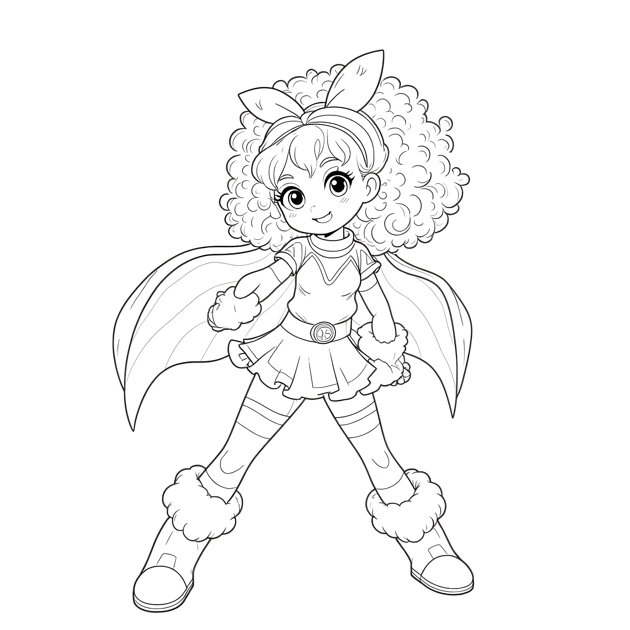 Mina Ashido posing happily in her superhero outfit Coloring Page (free black-and-white line drawing printable PDF for all, from beginners to advanced learners, including children, teens, adults, and seniors)