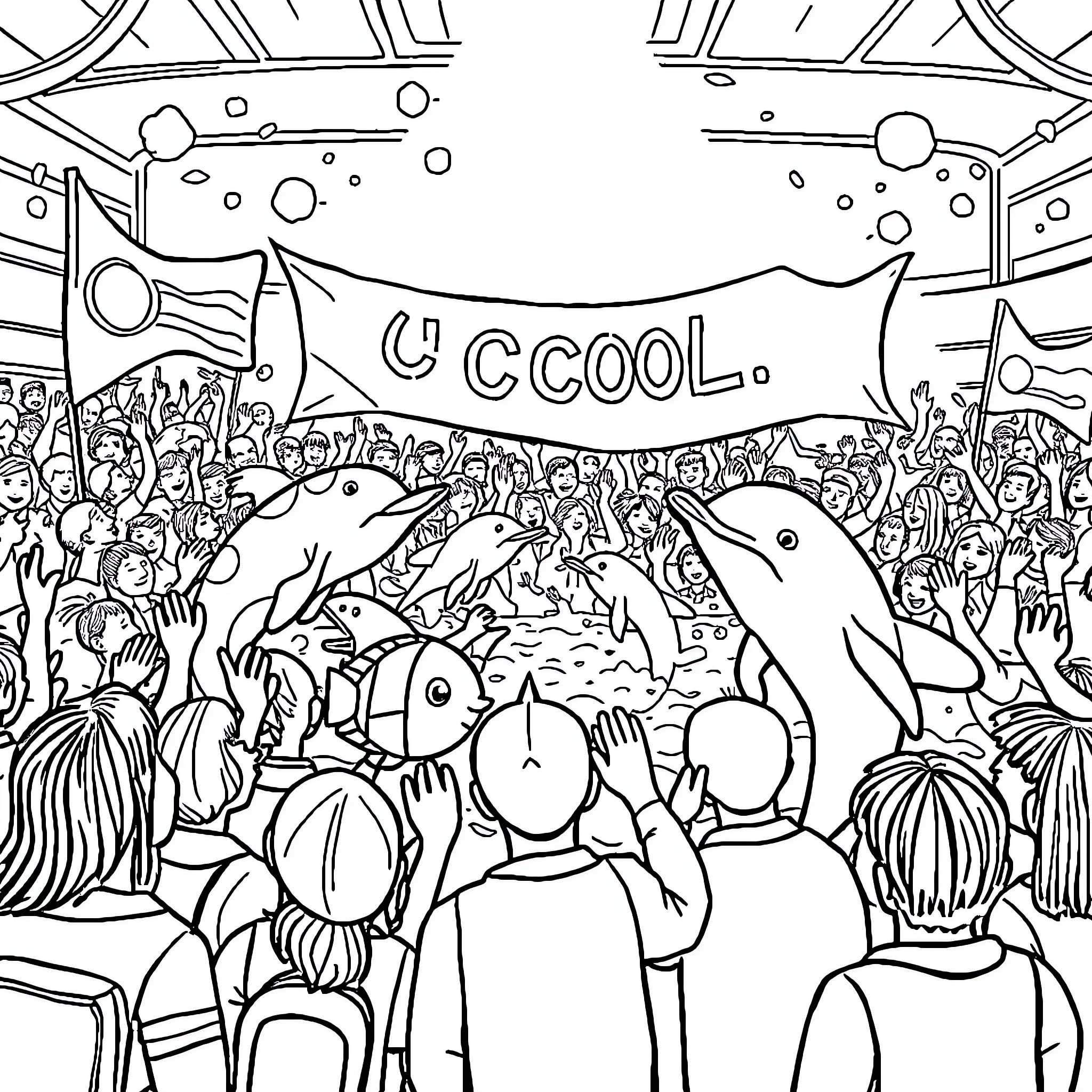 Ocean Creatures Celebrating Together in a Crowd Coloring Page (free black-and-white line drawing printable PDF for all, from beginners to advanced learners, including children, teens, adults, and seniors)