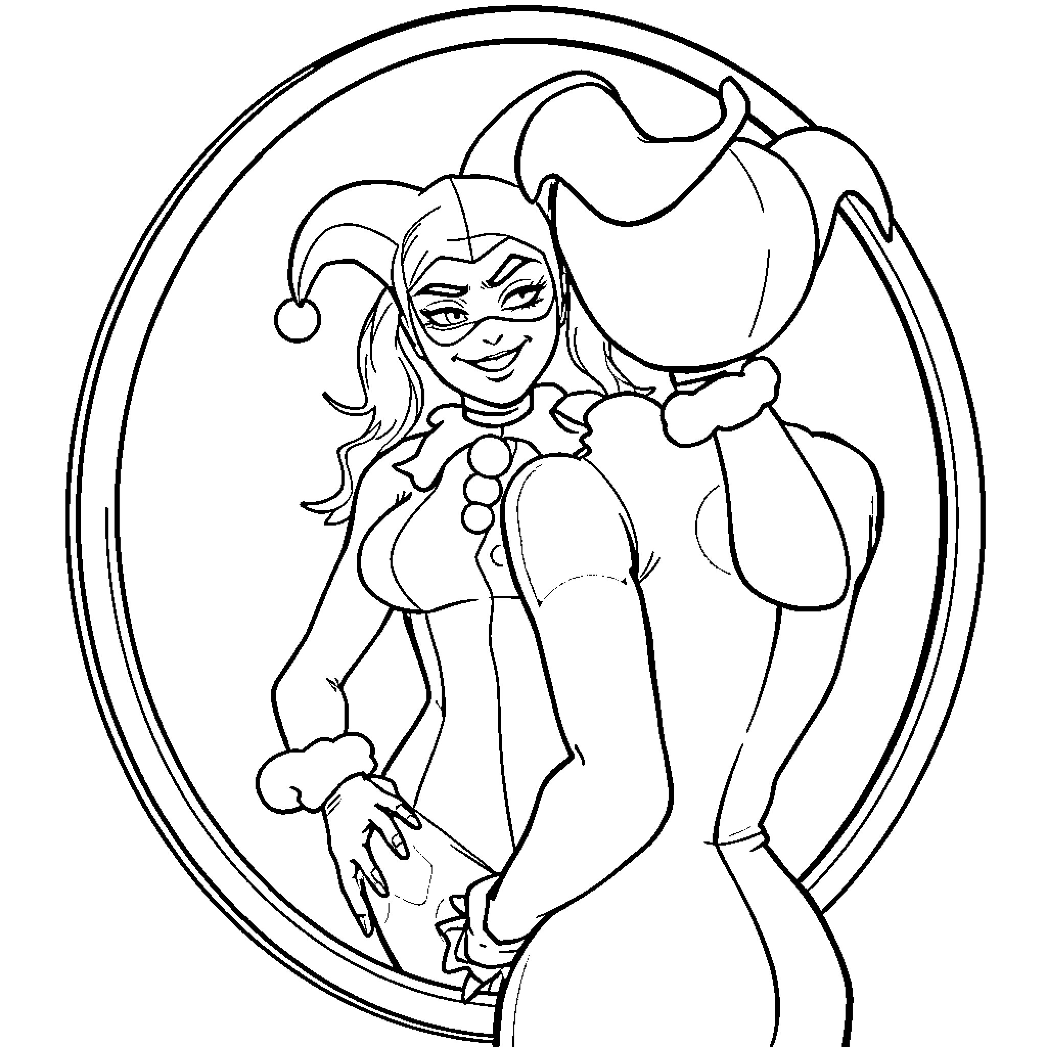 Harley Quinn's Mischievous Antics in Colorful Costume Coloring Page (free black-and-white line drawing printable PDF for all, from beginners to advanced learners, including children, teens, adults, and seniors)