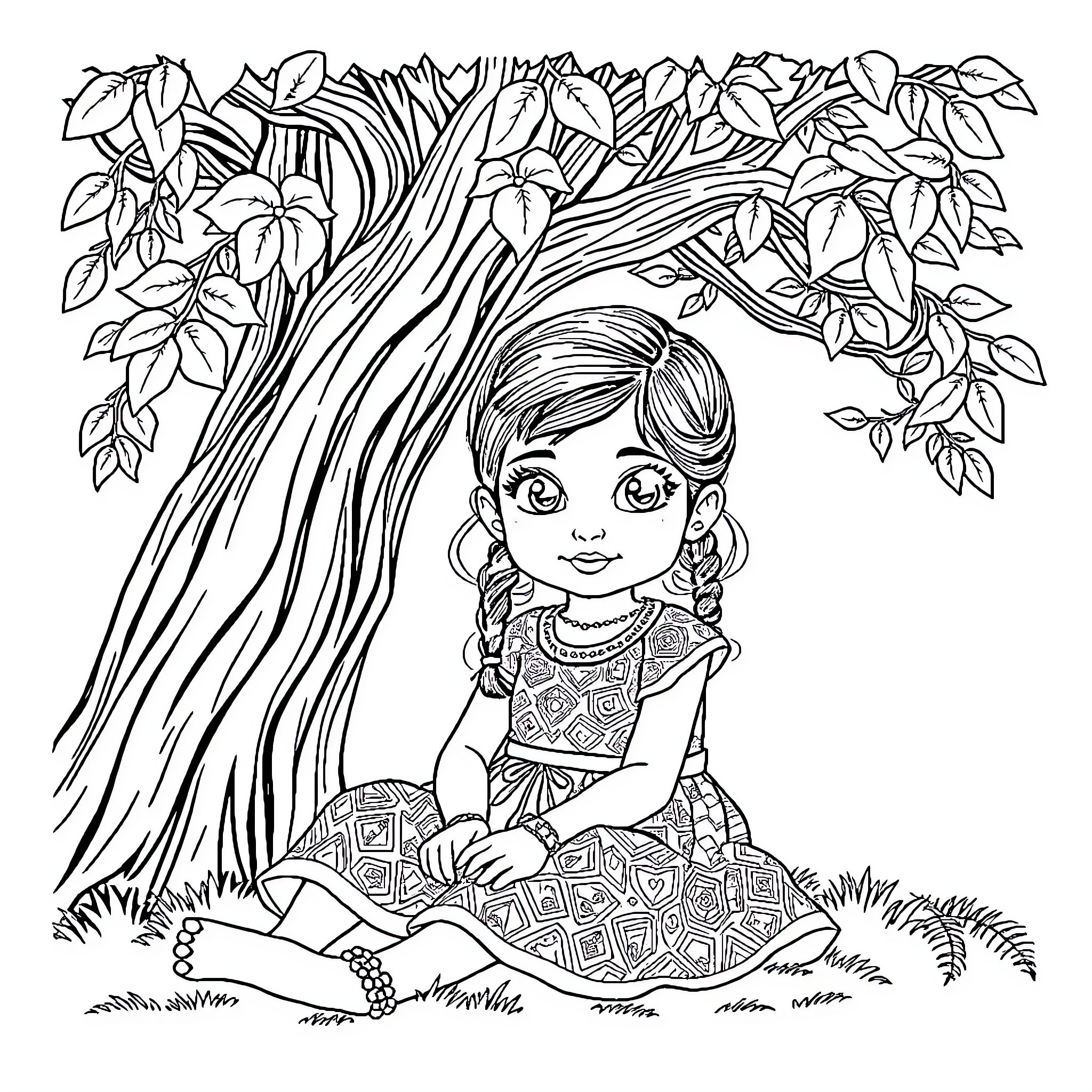 Vahiana under a leafy tree Coloring Page (free black-and-white line drawing printable PDF for all, from beginners to advanced learners, including children, teens, adults, and seniors)