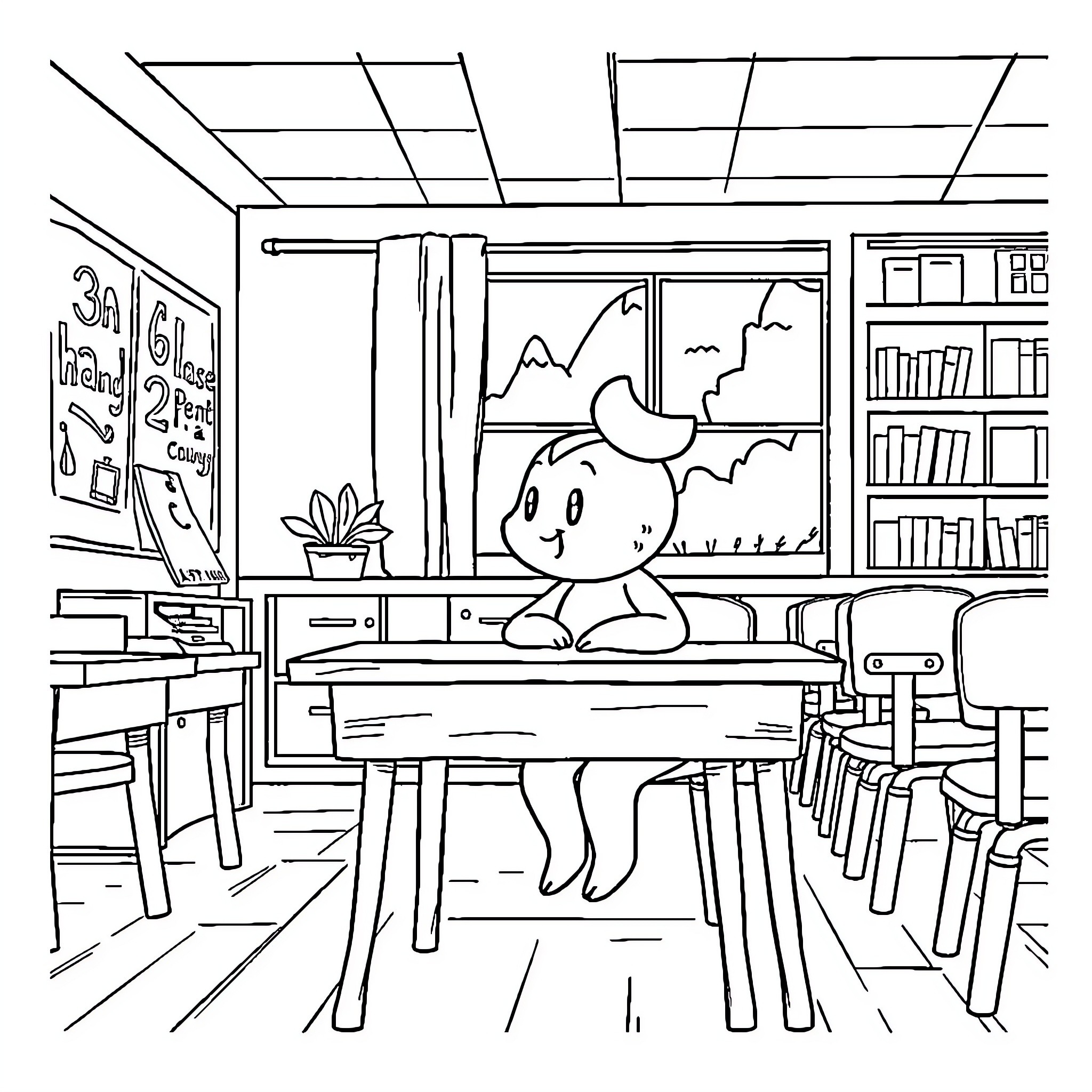Peach studying diligently in the classroom Coloring Page (free black-and-white line drawing printable PDF for all, from beginners to advanced learners, including children, teens, adults, and seniors)