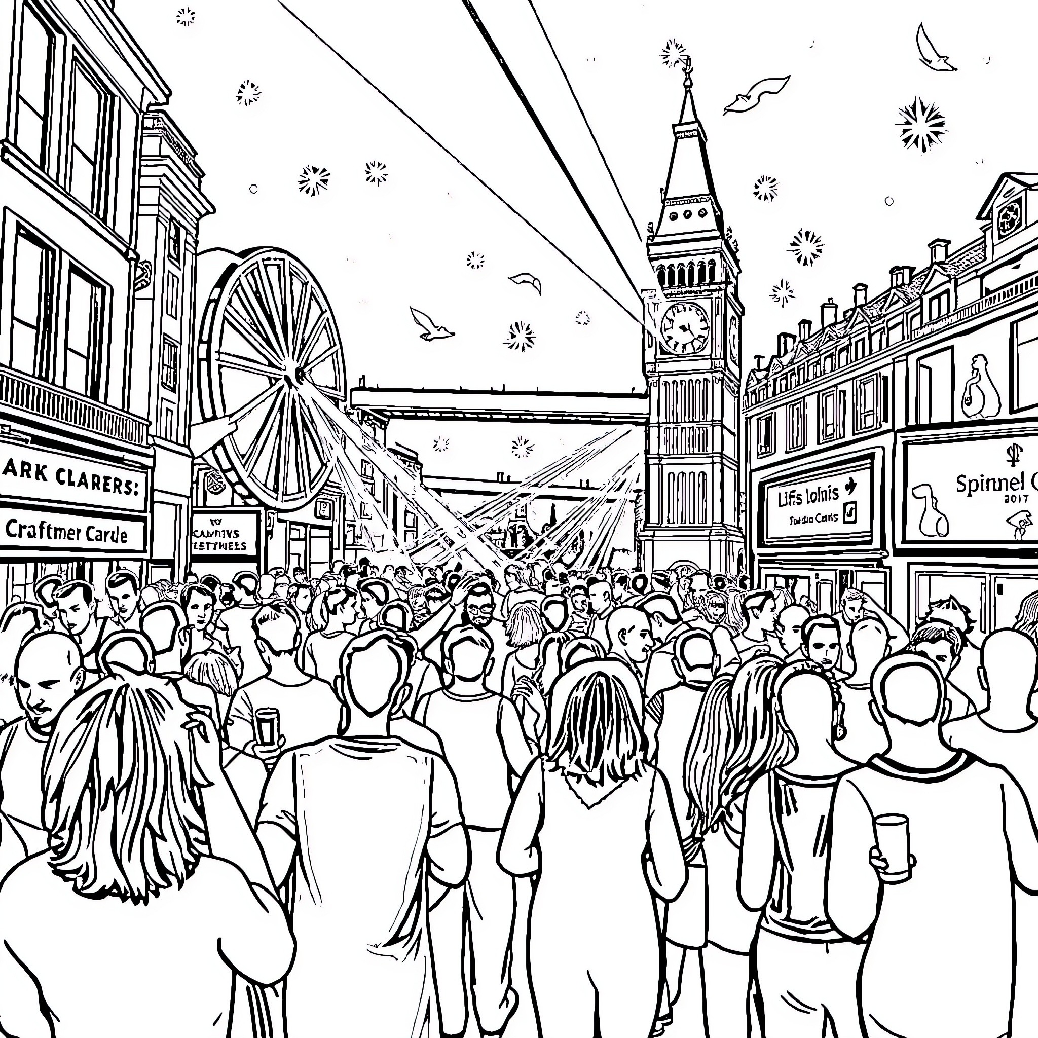 London crowd enjoying festivities near Big Ben Coloring Page (free black-and-white line drawing printable PDF for all, from beginners to advanced learners, including children, teens, adults, and seniors)