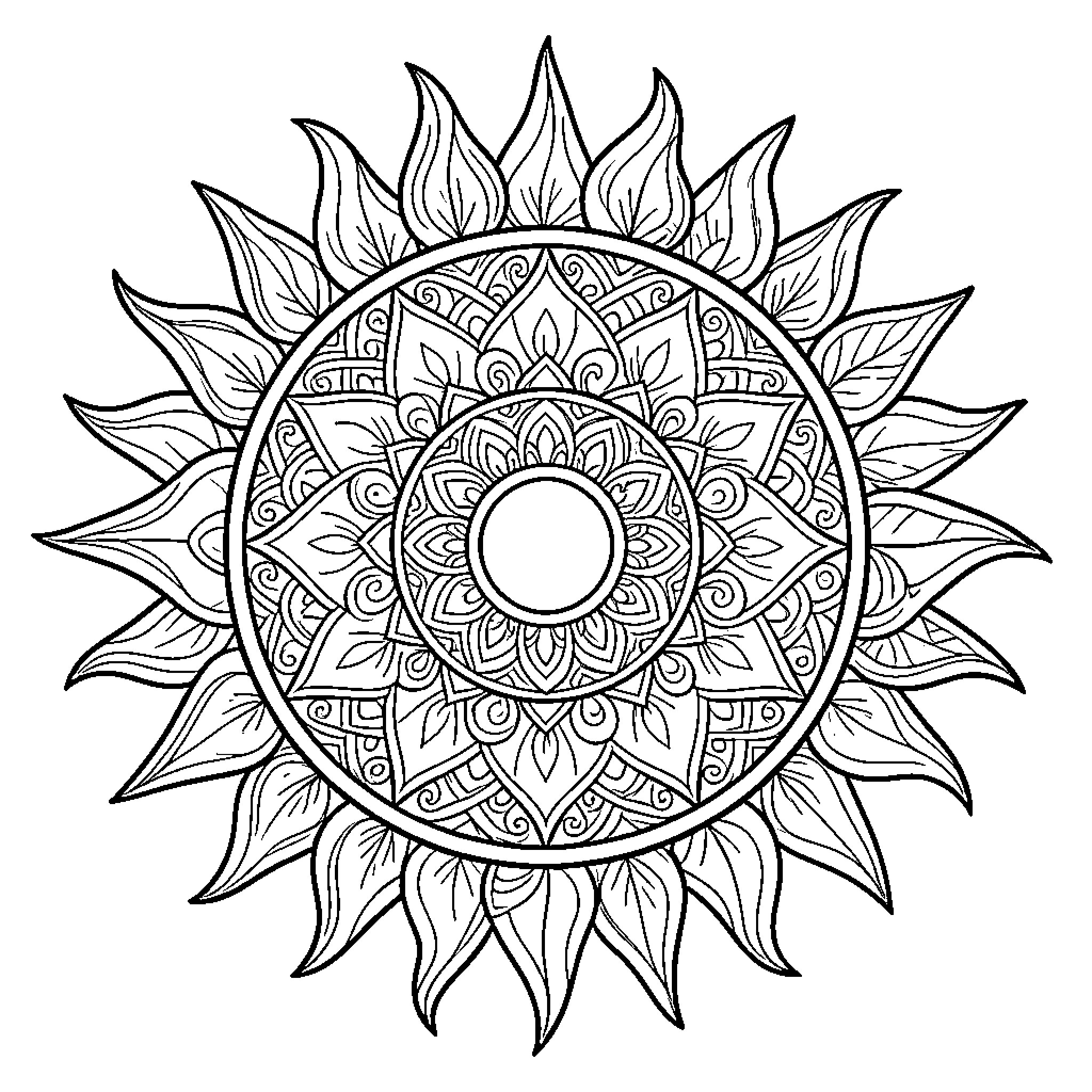 Sun's Radiant Mandala Design Coloring Page (free black-and-white line drawing printable PDF for all, from beginners to advanced learners, including children, teens, adults, and seniors)