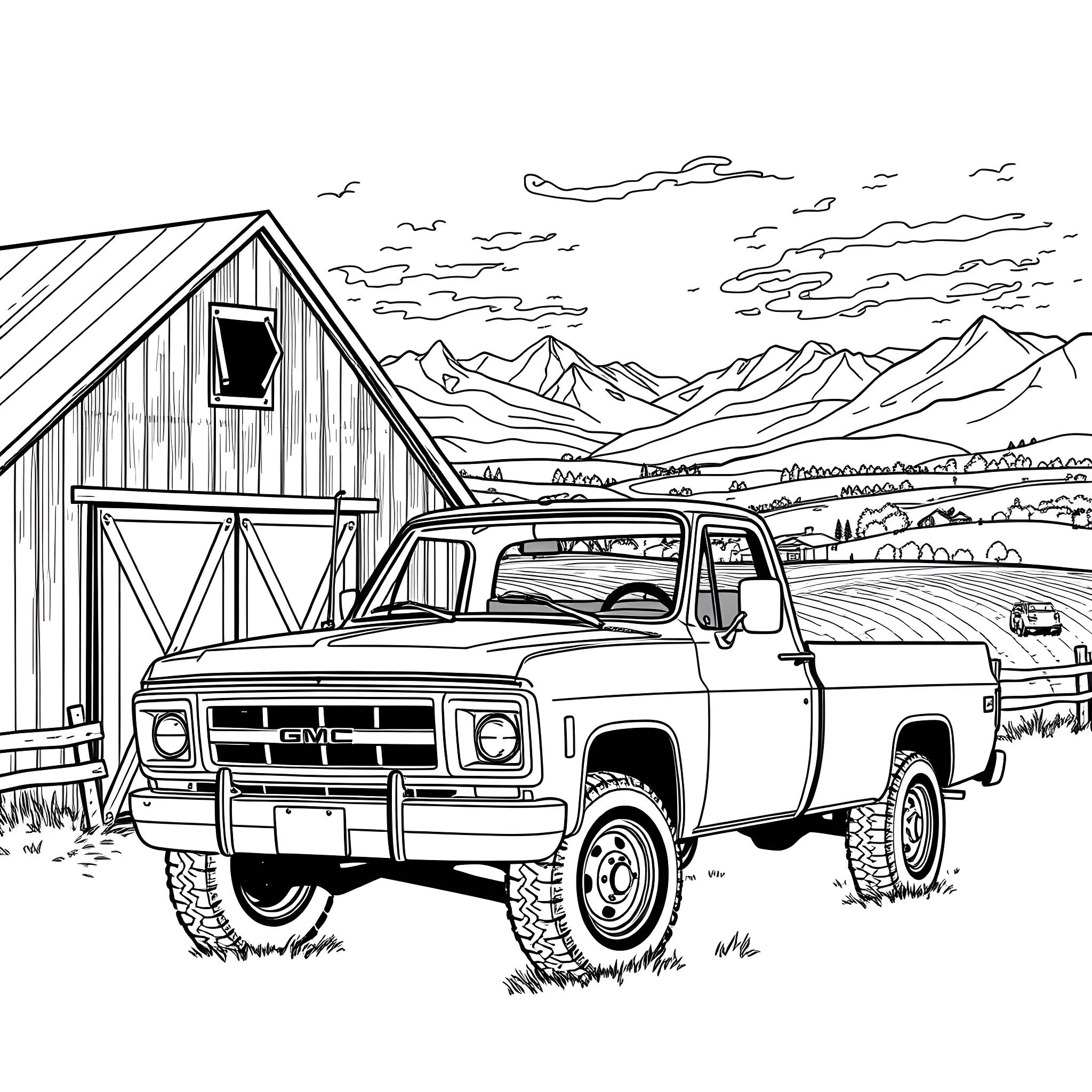 Gmc Pickup Truck in Rustic Mountain Landscape Coloring Page (free black-and-white line drawing printable PDF for all, from beginners to advanced learners, including children, teens, adults, and seniors)