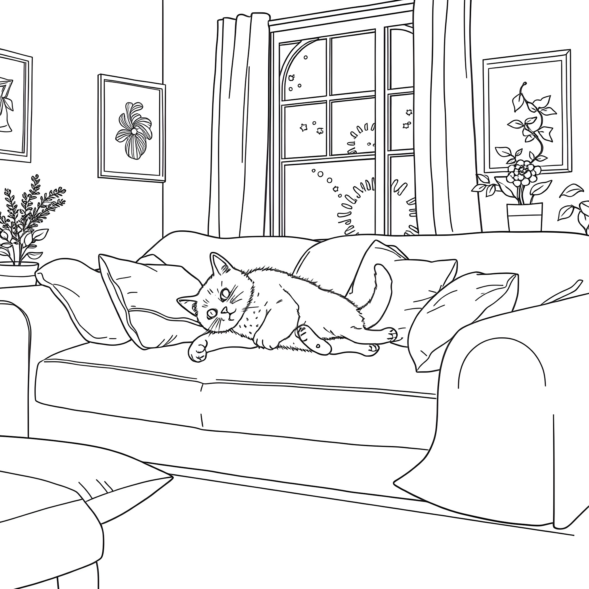 Cat lounging comfortably on the couch Coloring Page (free black-and-white line drawing printable PDF for all, from beginners to advanced learners, including children, teens, adults, and seniors)