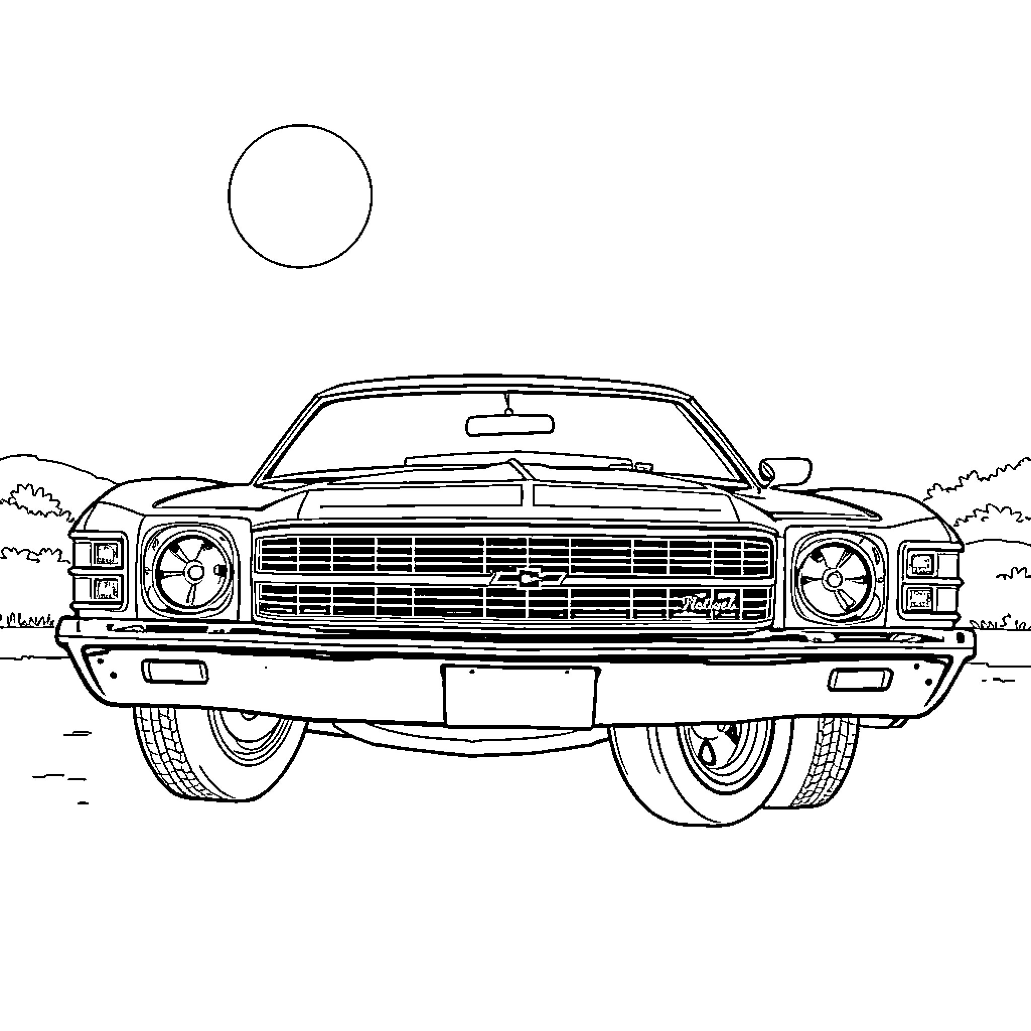 Chevrolet classic muscle car on the road Coloring Page (free black-and-white line drawing printable PDF for all, from beginners to advanced learners, including children, teens, adults, and seniors)