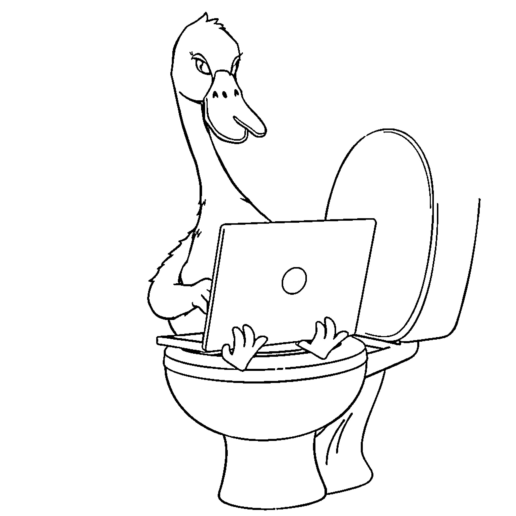 Goose using a laptop on the toilet Coloring Page (free black-and-white line drawing printable PDF for all, from beginners to advanced learners, including children, teens, adults, and seniors)