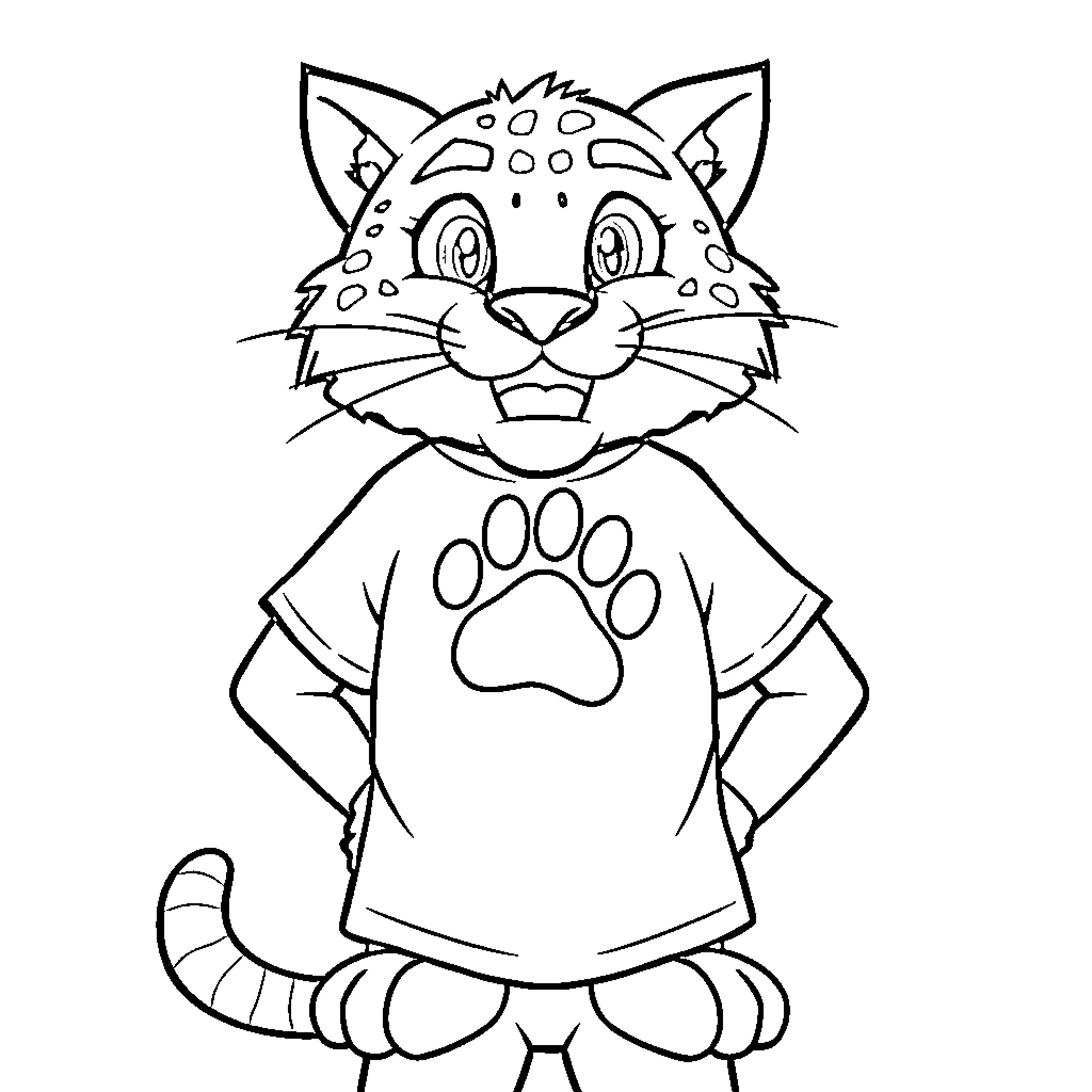 Wildcat with Spotted Pattern and Paw Print Shirt Coloring Page (free black-and-white line drawing printable PDF for all, from beginners to advanced learners, including children, teens, adults, and seniors)