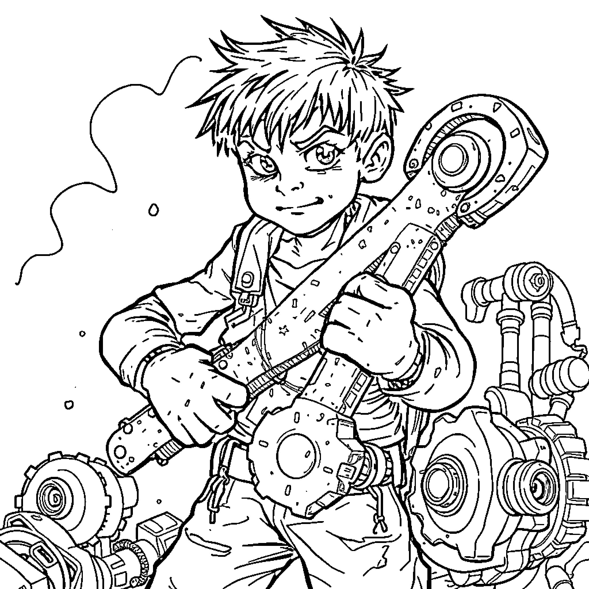 Boy operating futuristic mechanical device Coloring Page (free black-and-white line drawing printable PDF for all, from beginners to advanced learners, including children, teens, adults, and seniors)