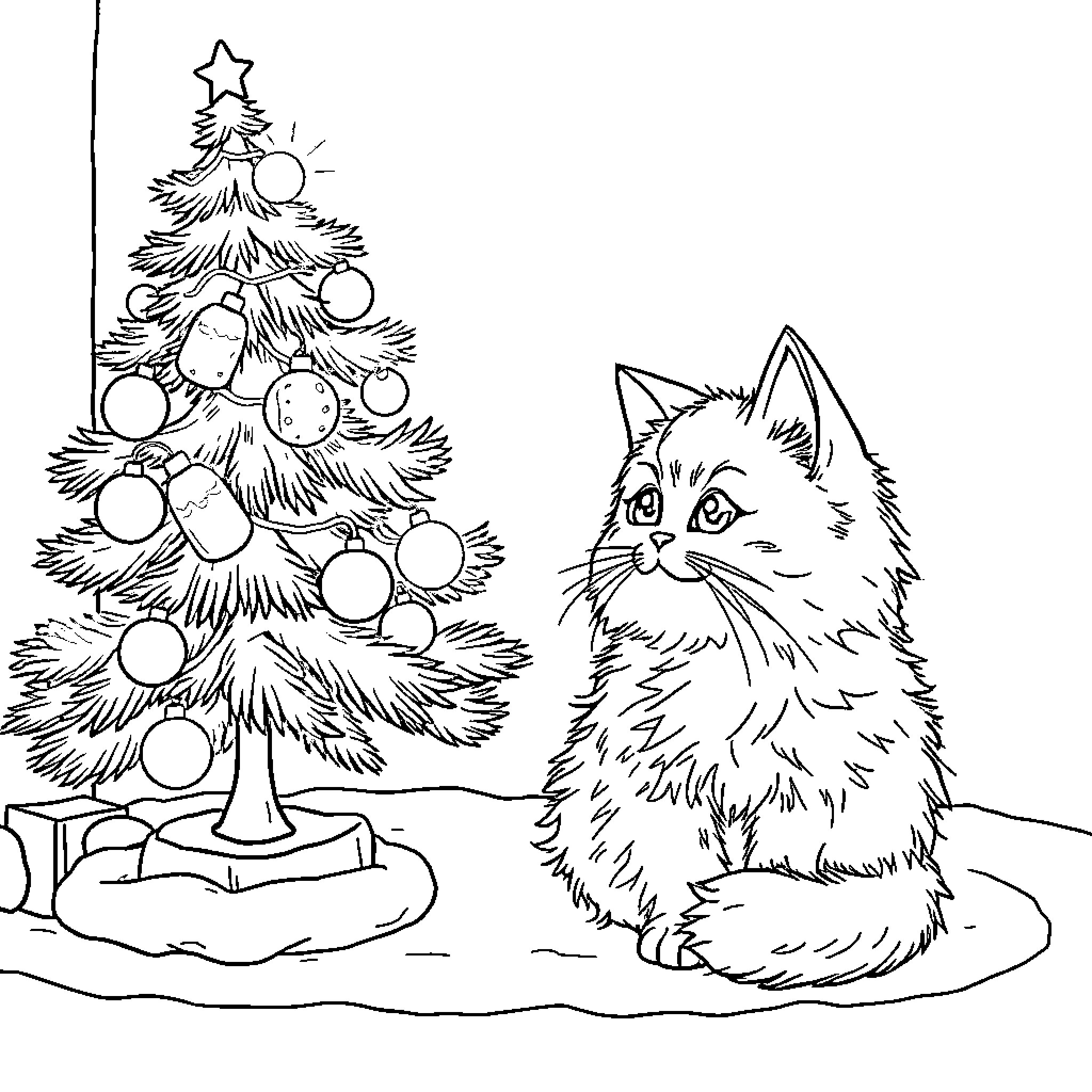 Cat observing decorated Christmas tree Coloring Page (free black-and-white line drawing printable PDF for all, from beginners to advanced learners, including children, teens, adults, and seniors)