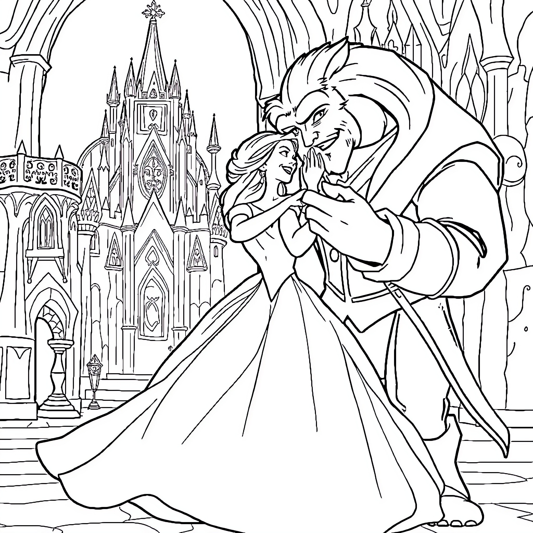 Beauty And The Beast Dancing In Castle Courtyard Coloring Page (free black-and-white line drawing printable PDF for all, from beginners to advanced learners, including children, teens, adults, and seniors)