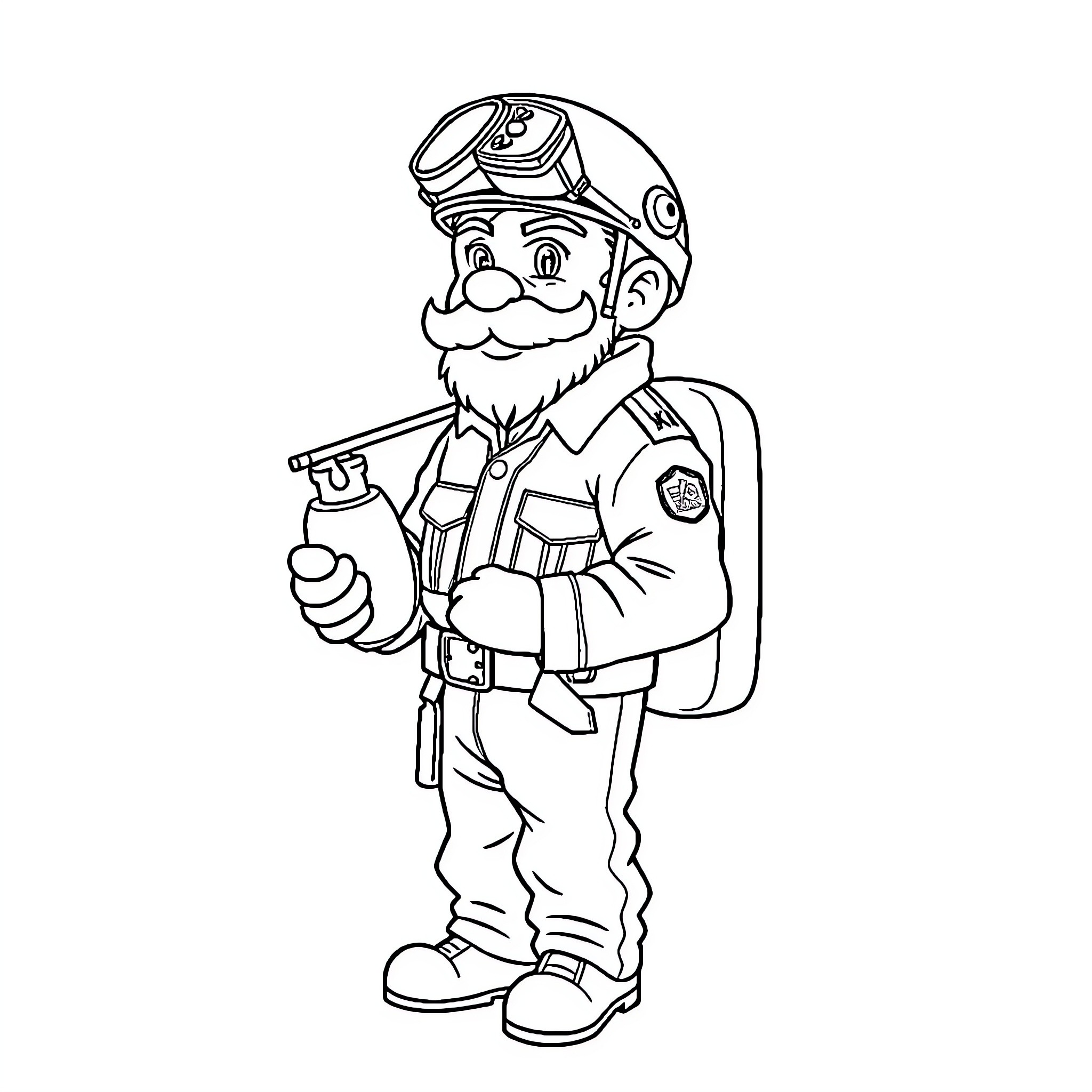 Firefighter in Uniform Holding Extinguisher Coloring Page (free black-and-white line drawing printable PDF for all, from beginners to advanced learners, including children, teens, adults, and seniors)