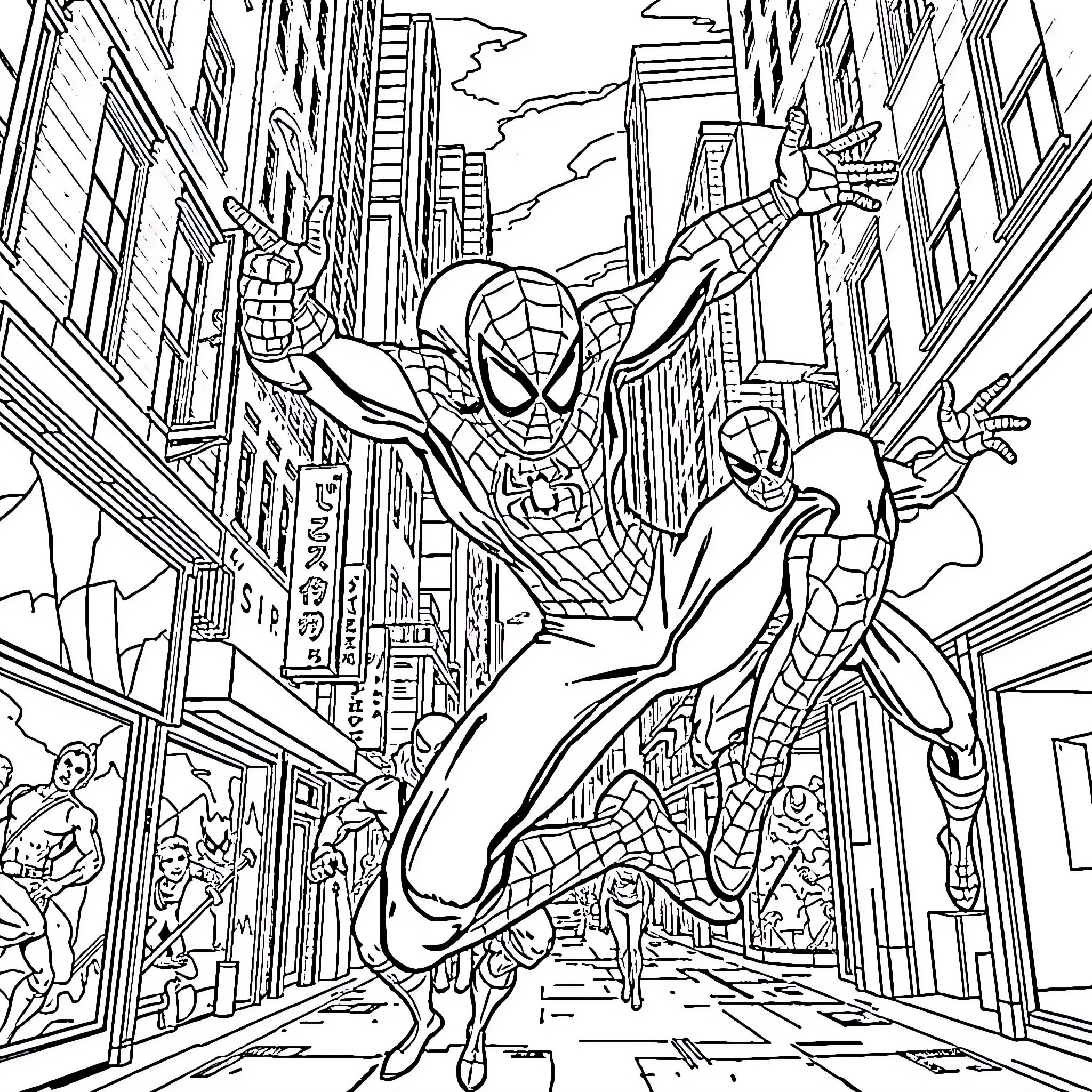 Spiderman swinging through the city skyline Coloring Page (free black-and-white line drawing printable PDF for all, from beginners to advanced learners, including children, teens, adults, and seniors)