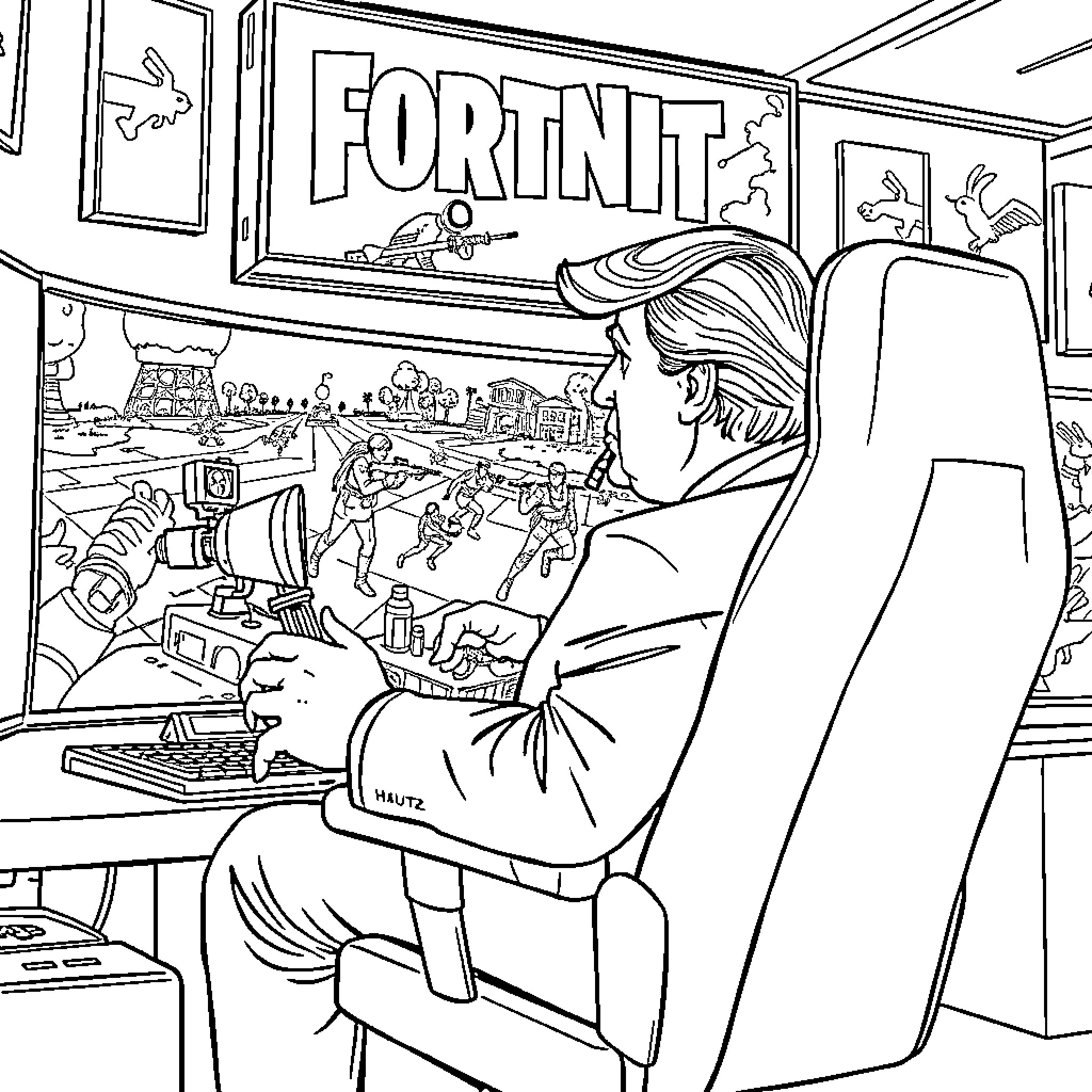 Donald Trump playing Fortnite on a computer Coloring Page (free black-and-white line drawing printable PDF for all, from beginners to advanced learners, including children, teens, adults, and seniors)