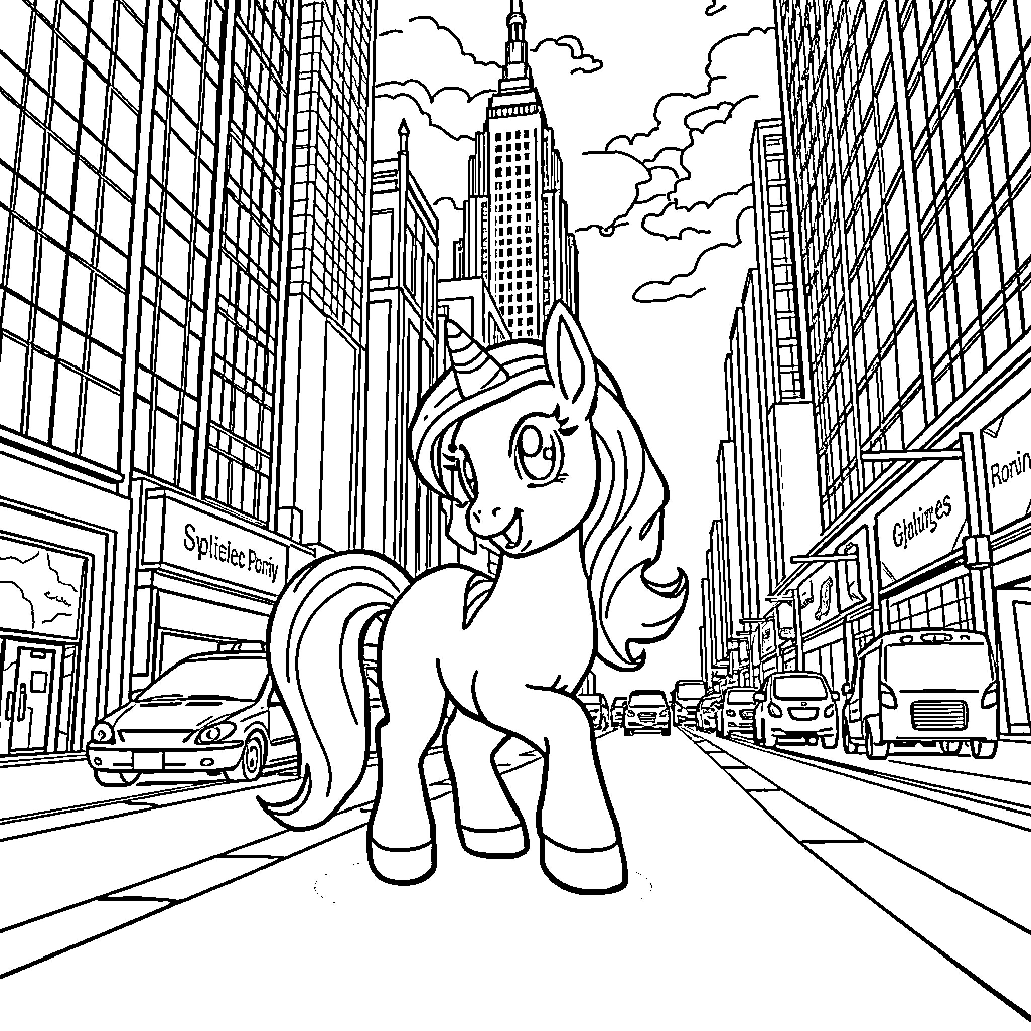 Pony exploring the bustling city streets Coloring Page (free black-and-white line drawing printable PDF for all, from beginners to advanced learners, including children, teens, adults, and seniors)