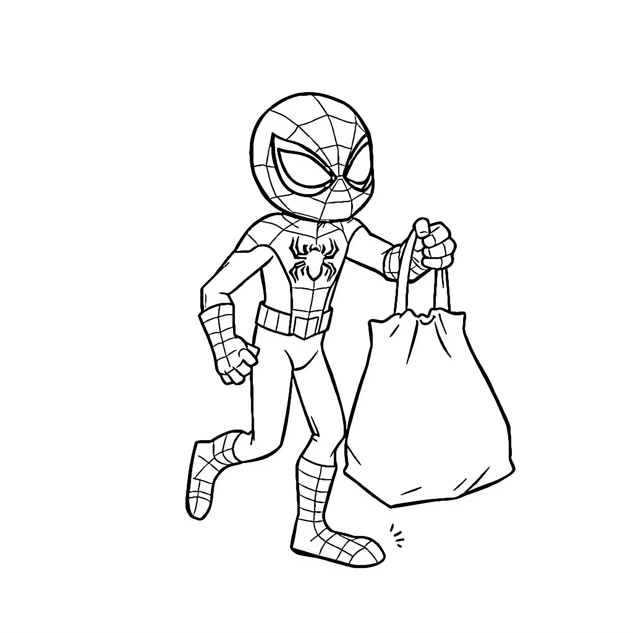 Spider-Man carrying a bag Coloring Page (free black-and-white line drawing printable PDF for all, from beginners to advanced learners, including children, teens, adults, and seniors)