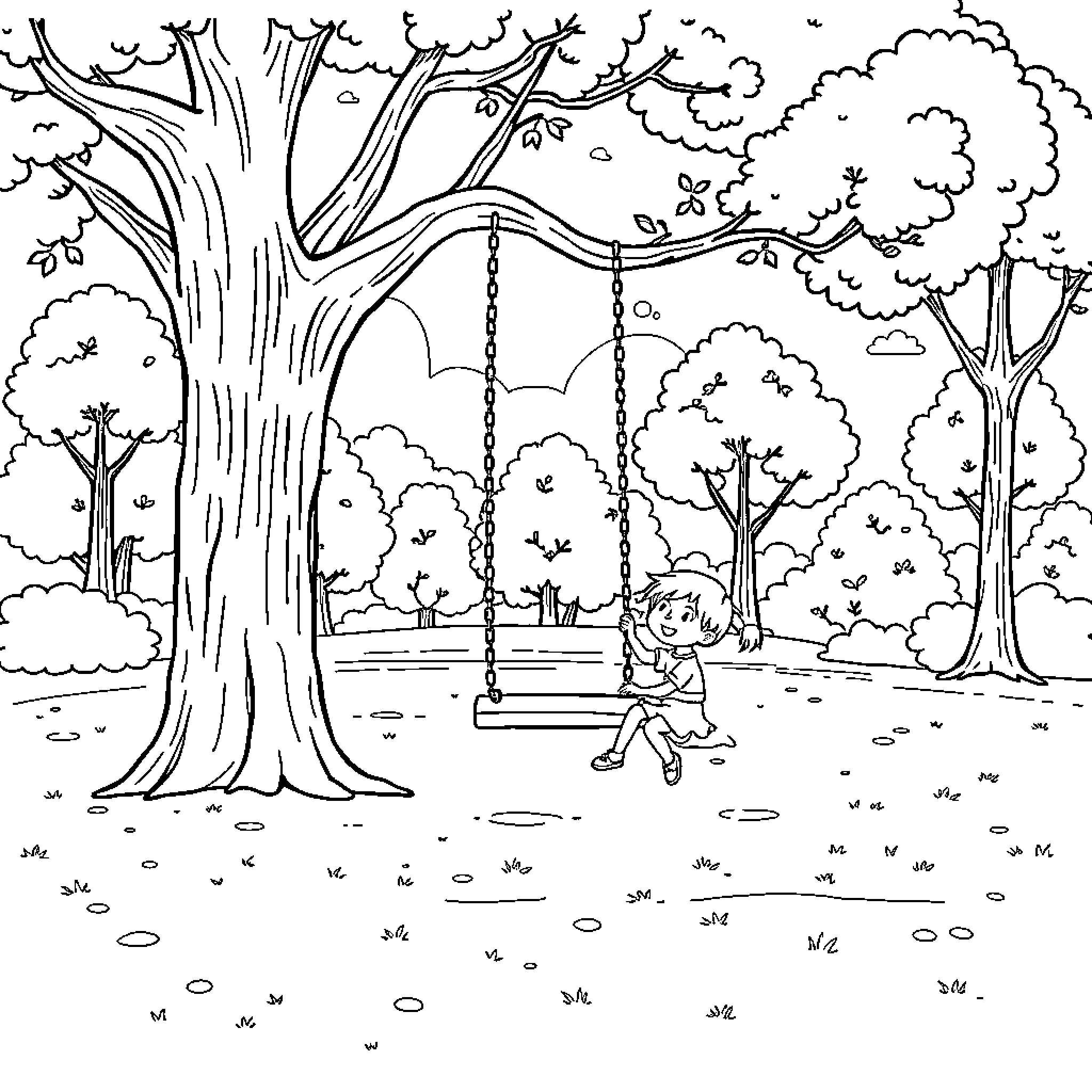 Kids playing on swing in nature Coloring Page (free black-and-white line drawing printable PDF for all, from beginners to advanced learners, including children, teens, adults, and seniors)