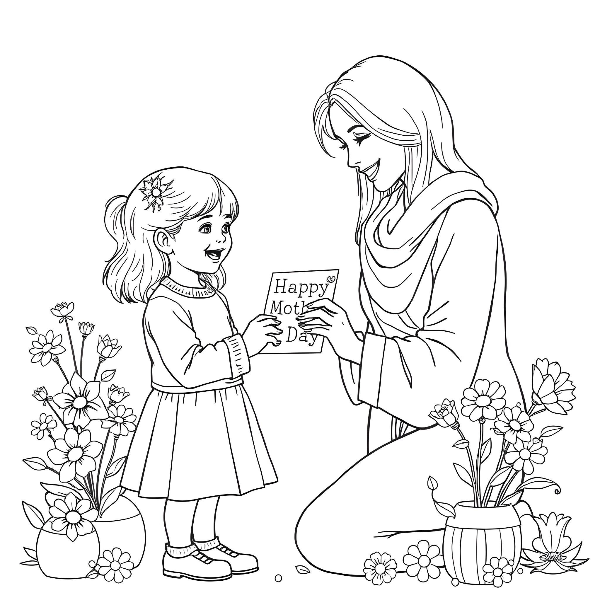 Girl presenting a Happy Mother's Day card to her mother Coloring Page (free black-and-white line drawing printable PDF for all, from beginners to advanced learners, including children, teens, adults, and seniors)