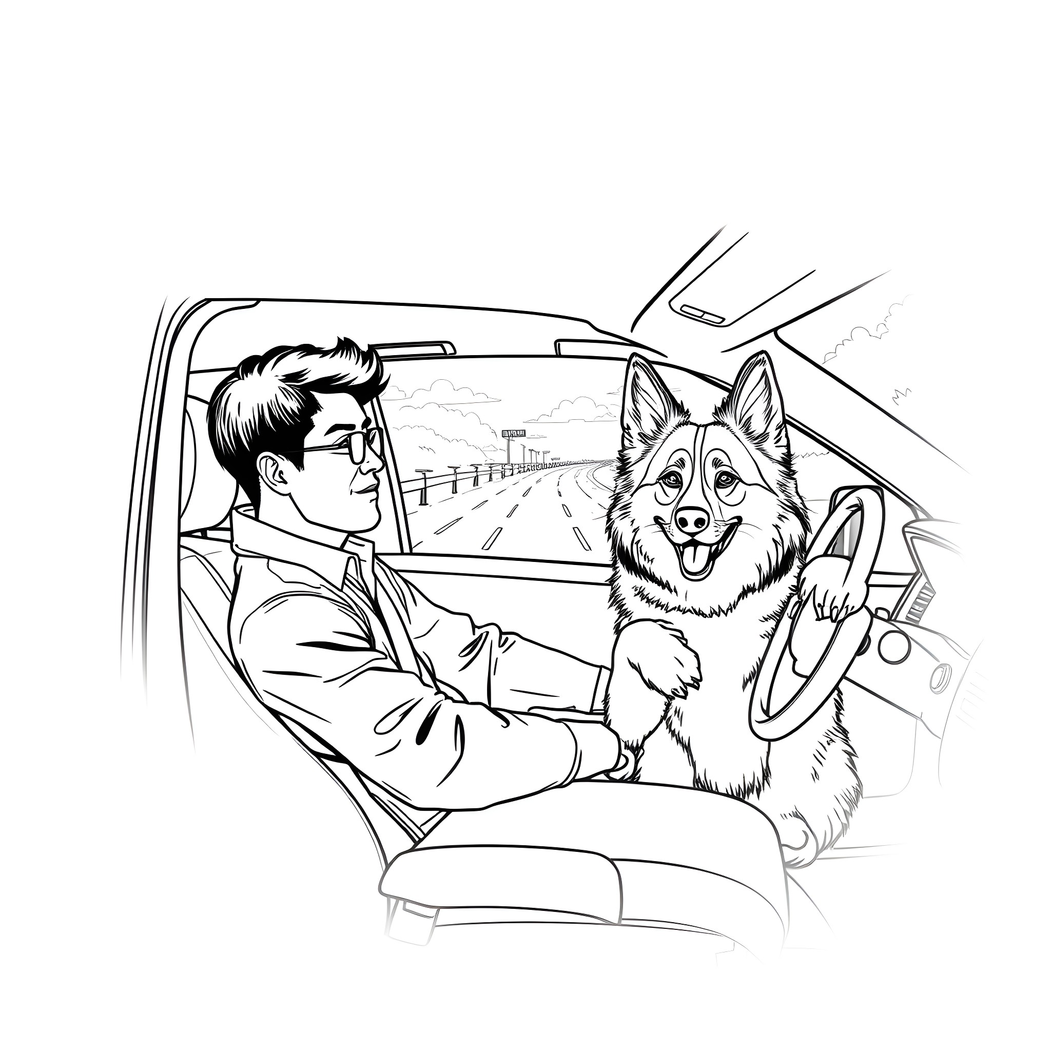 Dog enjoying a road trip with owner Coloring Page (free black-and-white line drawing printable PDF for all, from beginners to advanced learners, including children, teens, adults, and seniors)