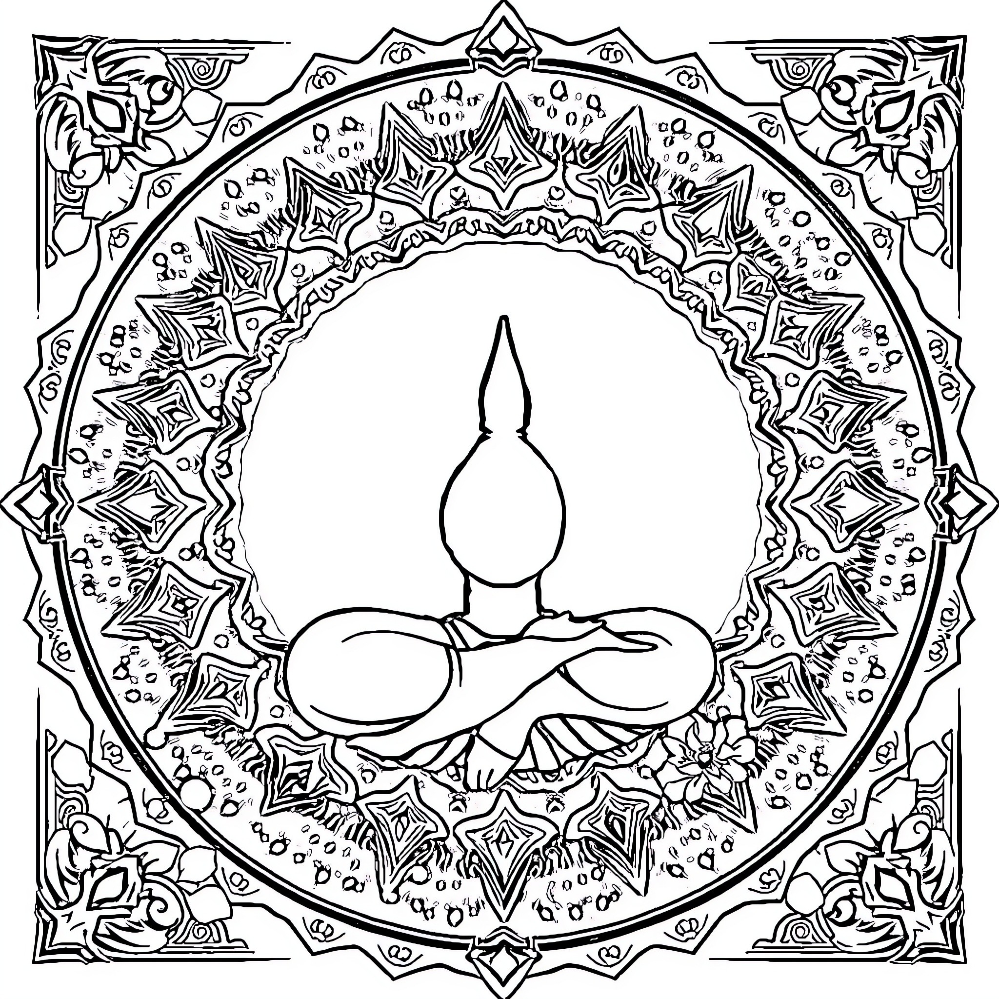 Alakh Niranjan: Tranquil Meditation within Ornate Mandala Coloring Page (free black-and-white line drawing printable PDF for all, from beginners to advanced learners, including children, teens, adults, and seniors)