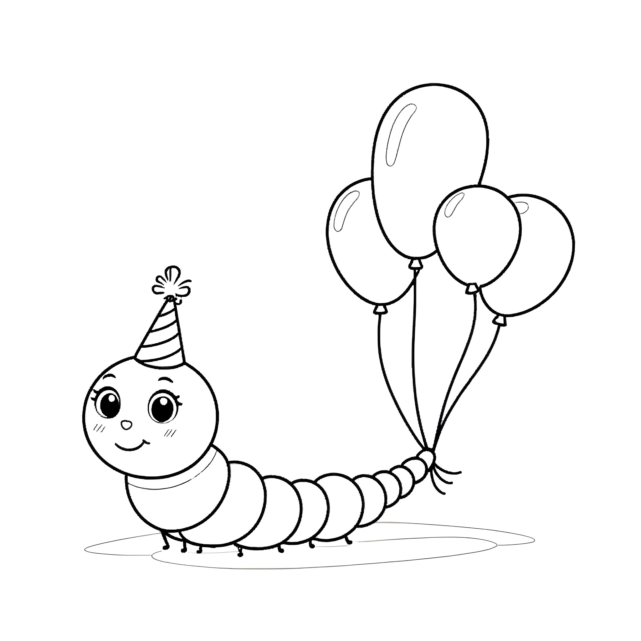 Caterpillar with party hat and balloons Coloring Page (free black-and-white line drawing printable PDF for all, from beginners to advanced learners, including children, teens, adults, and seniors)