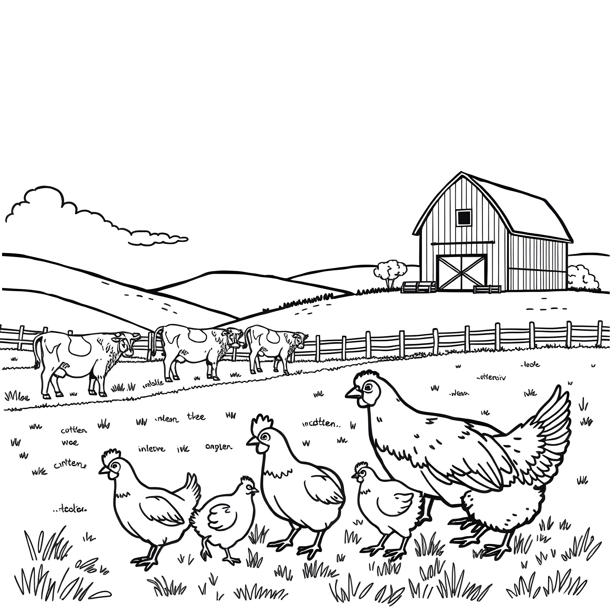 Farm Animals and Rustic Barn Yard Scene Coloring Page (free black-and-white line drawing printable PDF for all, from beginners to advanced learners, including children, teens, adults, and seniors)