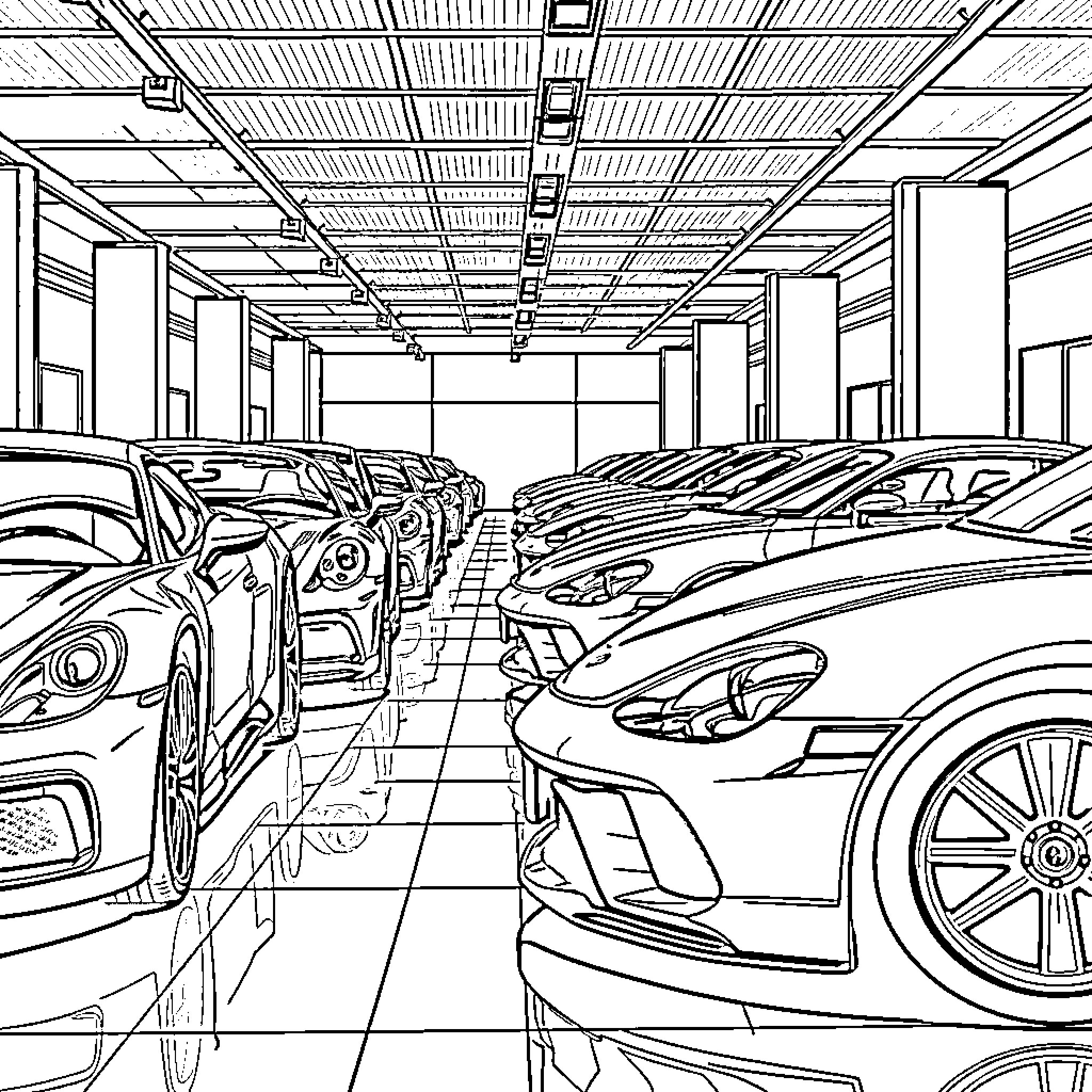 Cars on display in a showroom Coloring Page (free black-and-white line drawing printable PDF for all, from beginners to advanced learners, including children, teens, adults, and seniors)
