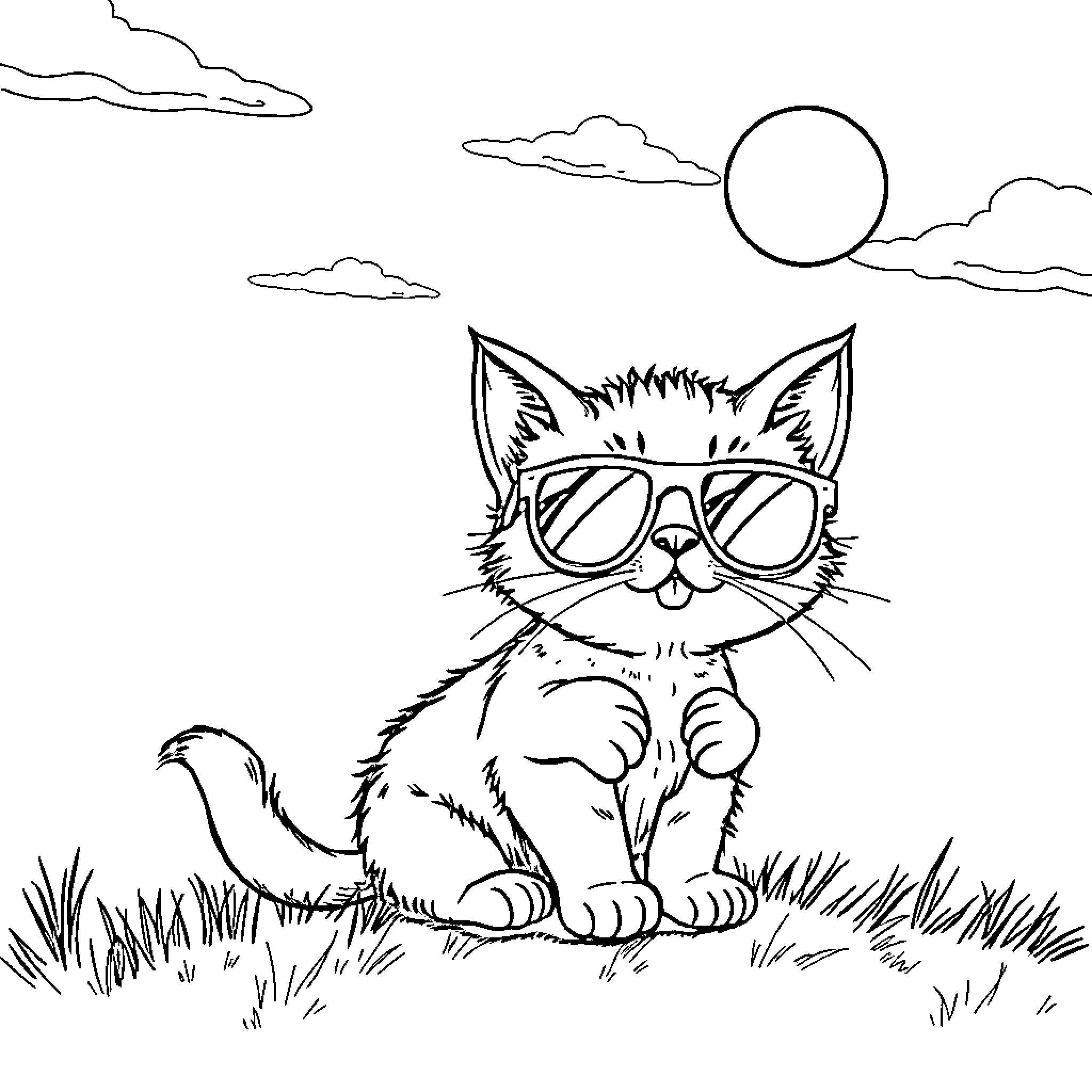Cat in Sunglasses on a Grassy Field Coloring Page (free black-and-white line drawing printable PDF for all, from beginners to advanced learners, including children, teens, adults, and seniors)