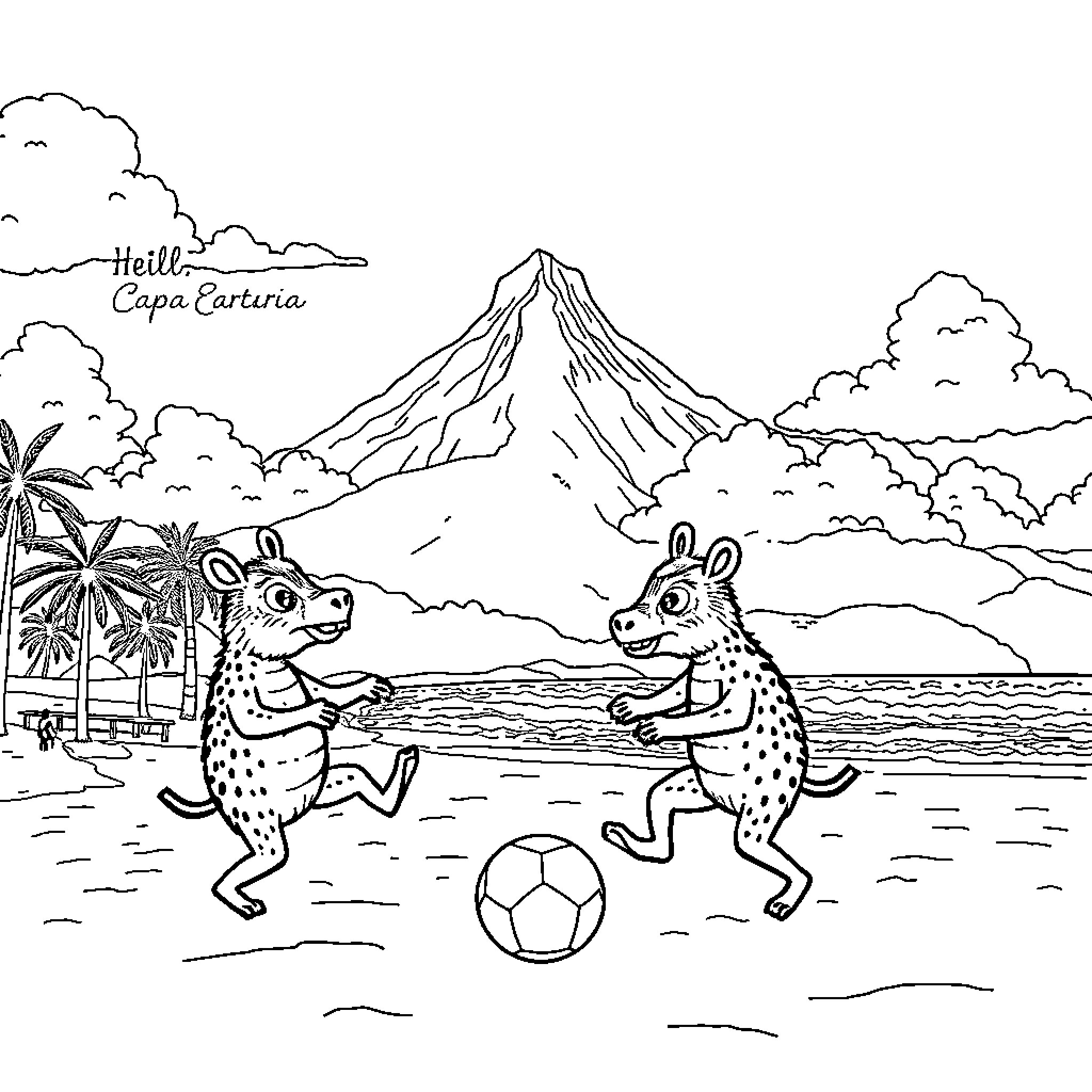 Capybara friends playing soccer on the beach Coloring Page (free black-and-white line drawing printable PDF for all, from beginners to advanced learners, including children, teens, adults, and seniors)
